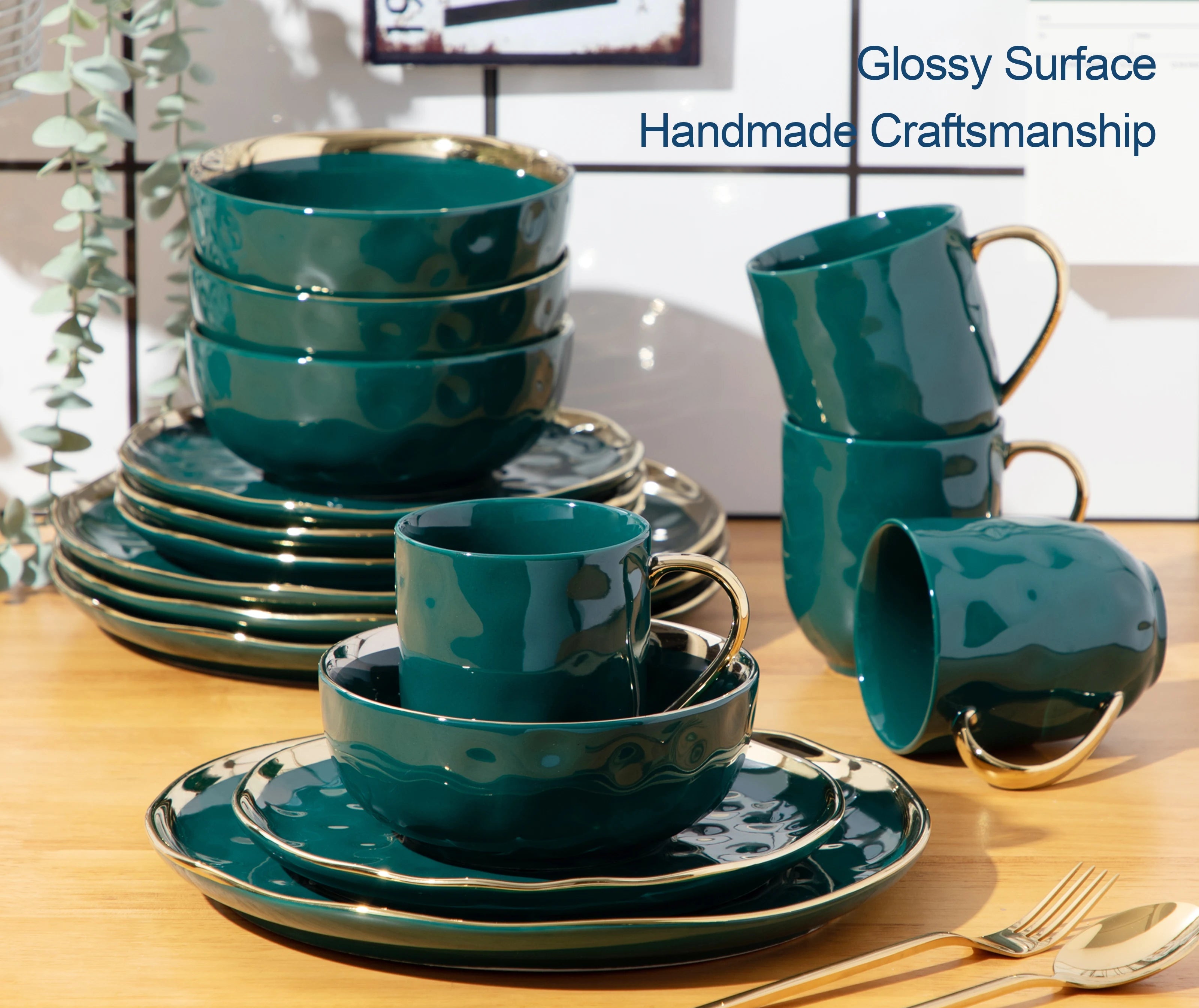 Servies Set 16-Delig Groen Porselein met Gouden Rand – Luxe Keramisch Servies voor 4 Personen