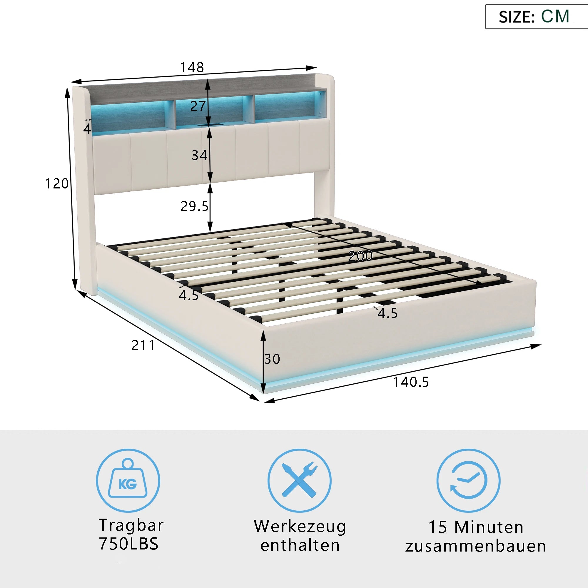 Gestoffeerd bed 140x200 cm met LED verlichting en opbergruimte
