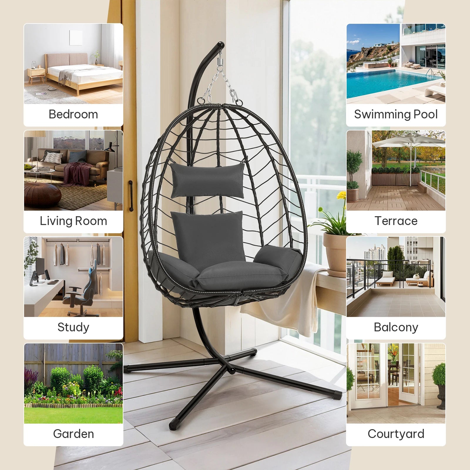 Egg Chair Hangstoel met Standaard – Schommelstoel voor Tuin, Balkon & Woonkamer – Inclusief Kussen en Hoofdsteun – Belastbaar tot 150 kg