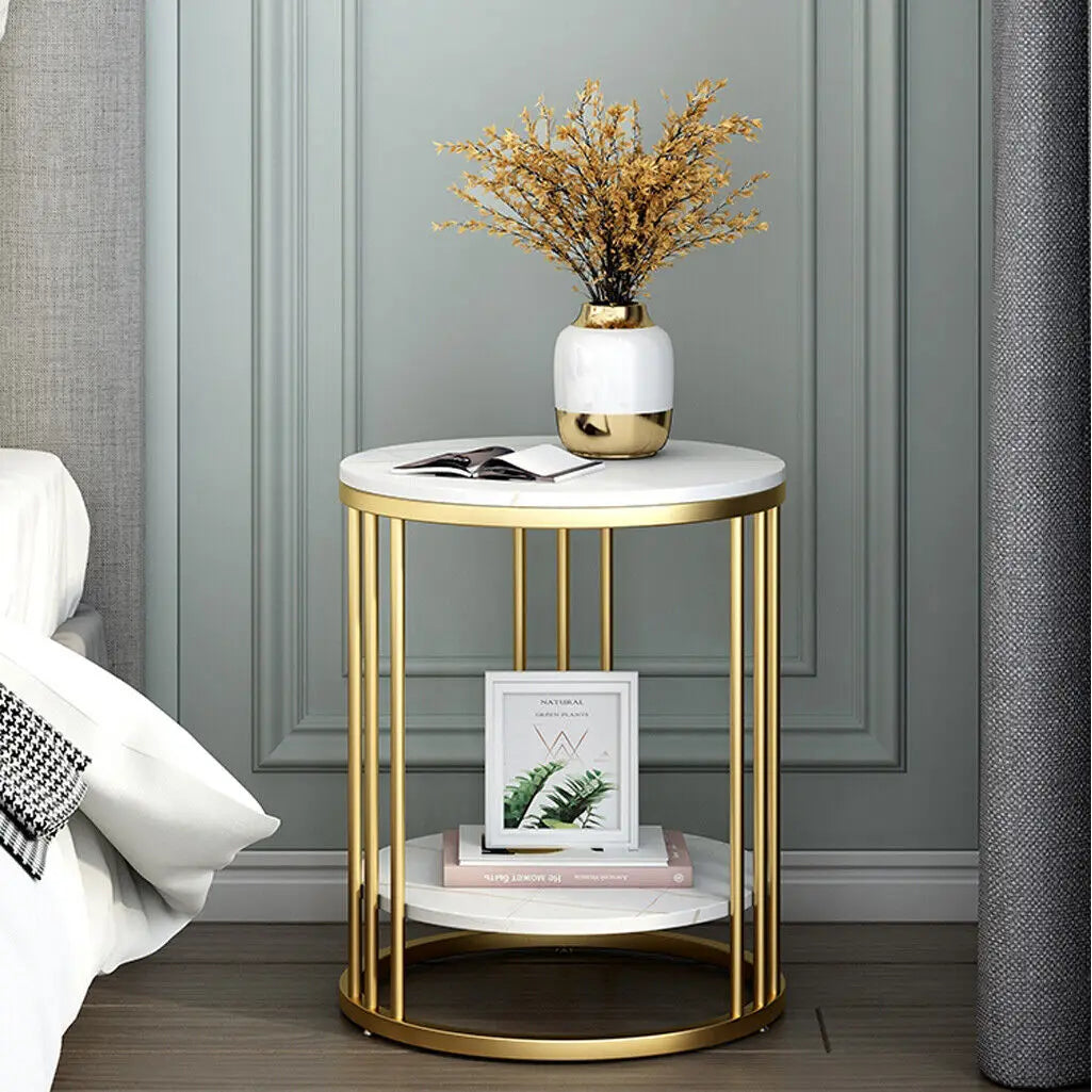 2-Laags Ronde Bijzettafel met Marmerlook – Moderne Salontafel & Nachtkastje met Opbergruimte – Wit Design