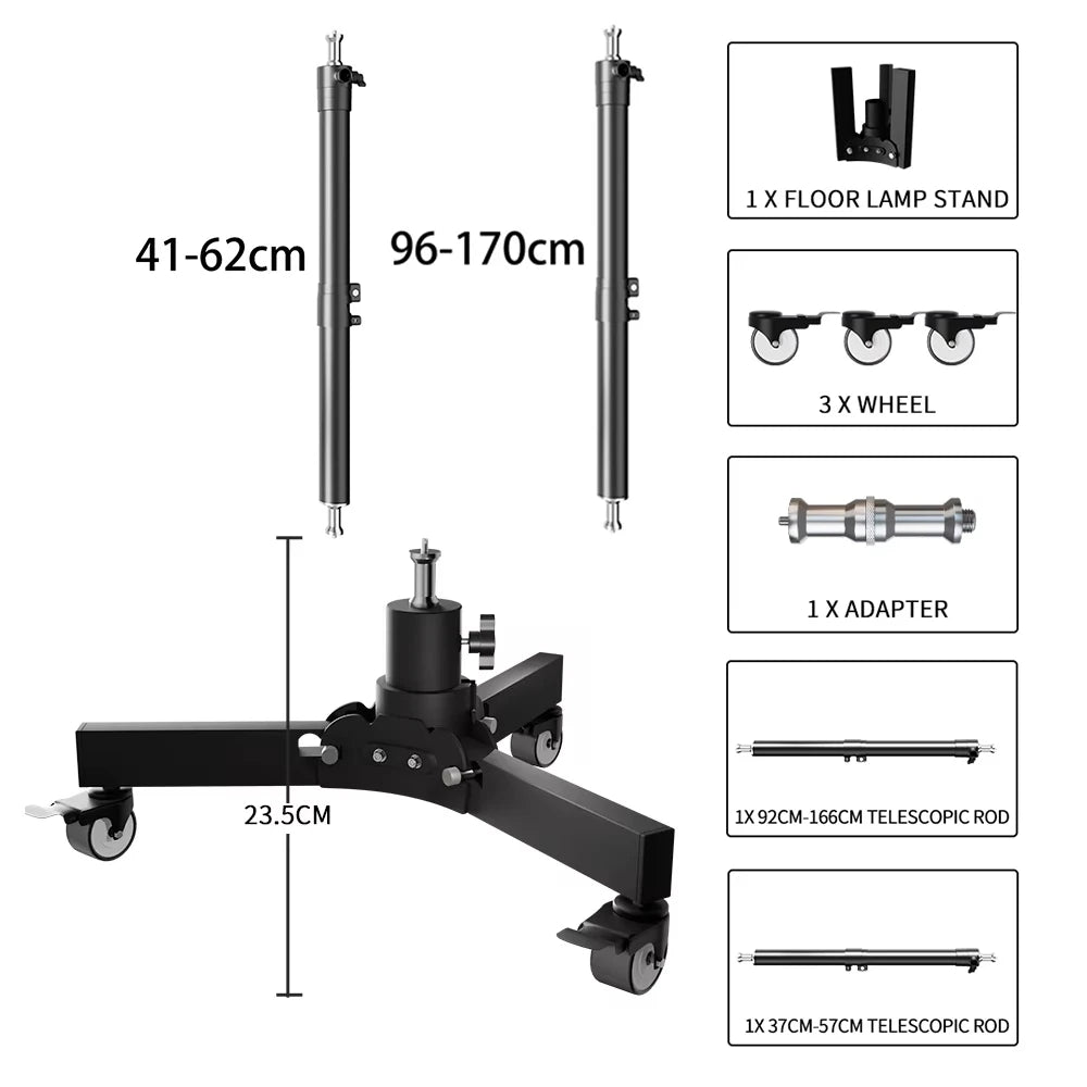 Metalen Vloerlampstatief met Wielen – Fotografie Statief 24‑125 cm Hoogte – Lichtgewicht en Multifunctioneel