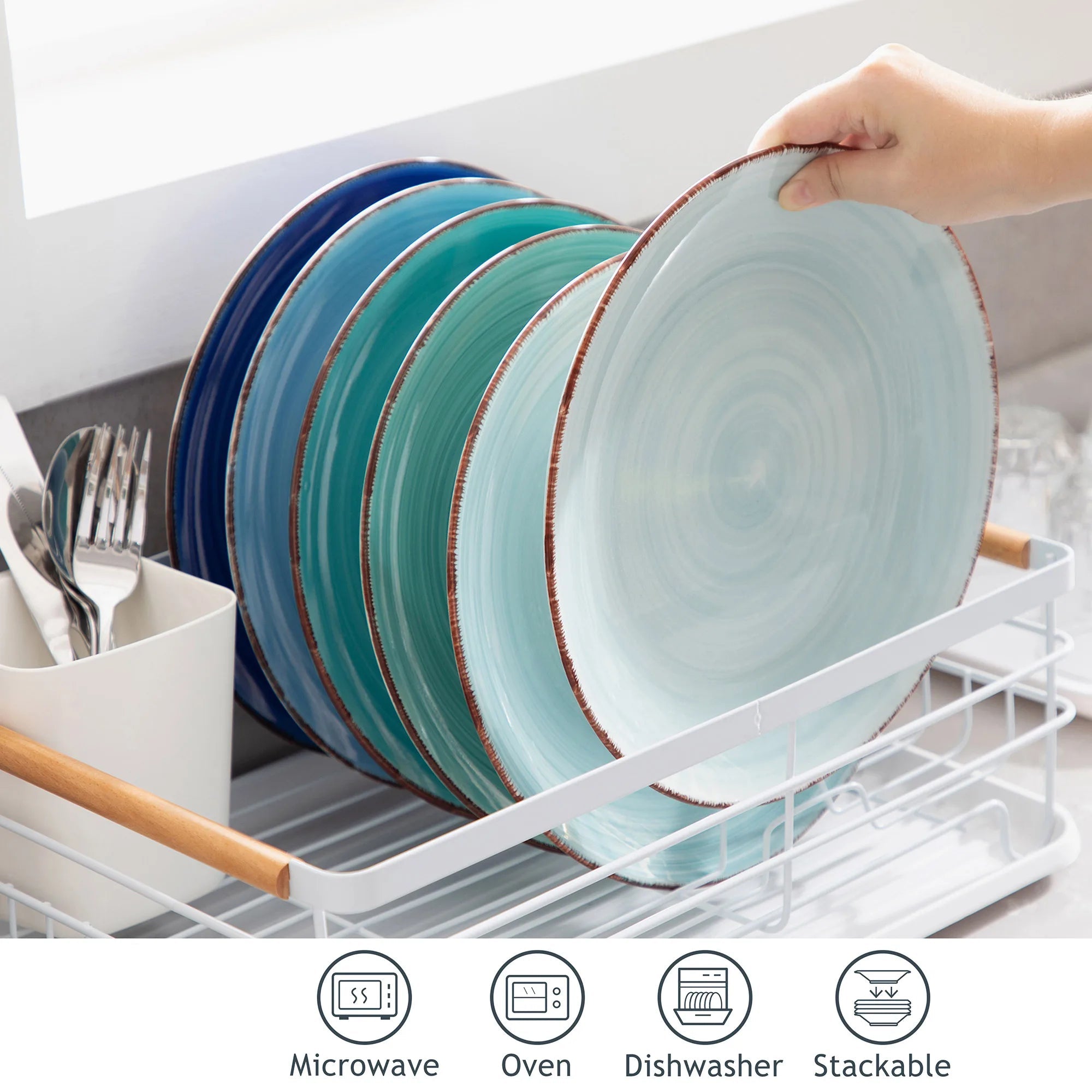 Dinerbord Set 6 Stuks 26,5 cm – Handgeschilderd Keramiek Servies – Rustieke Blauwe Borden
