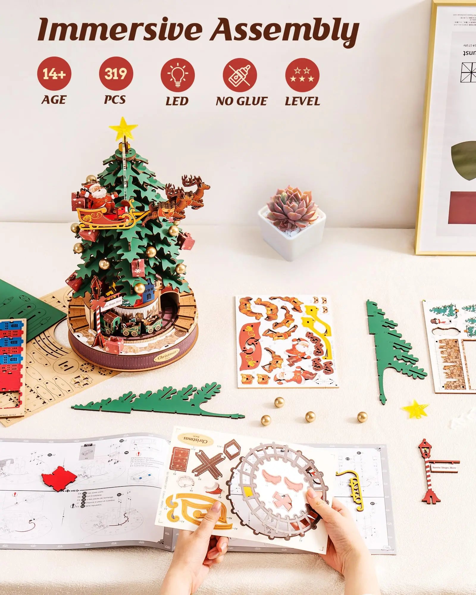 3D Houten Kerstboom Muziekdoos met Licht – DIY Kerstpuzzel met Kerstmelodieën – Decoratieve Kerst Muziekdoos voor Tafeldecoratie en Cadeau