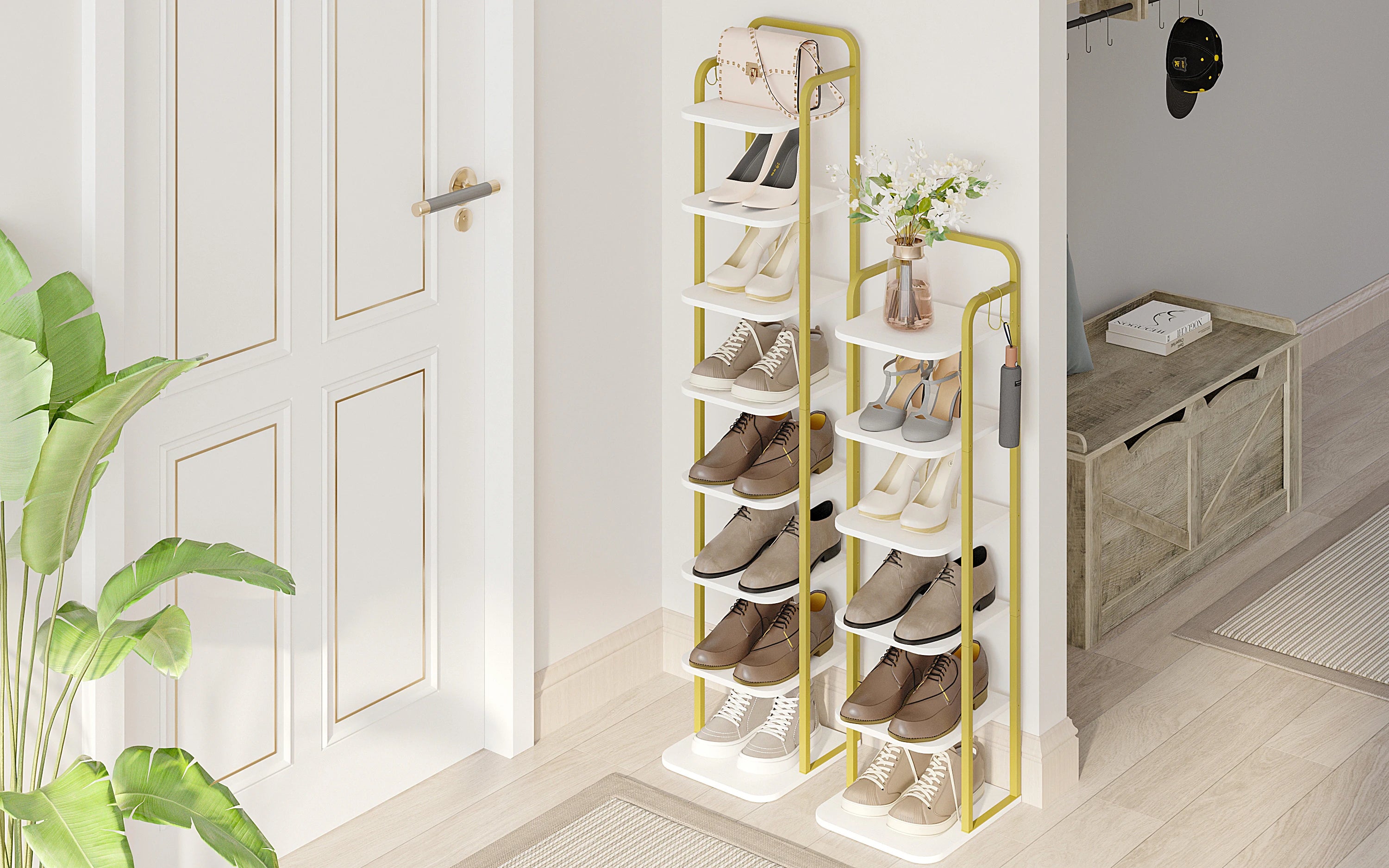 Smalle Schoenenrek 6 Laags – Verticale Schoenenkast voor Kleine Ruimtes – Houten Schoenen Organizer met Haken – Industrieel Design