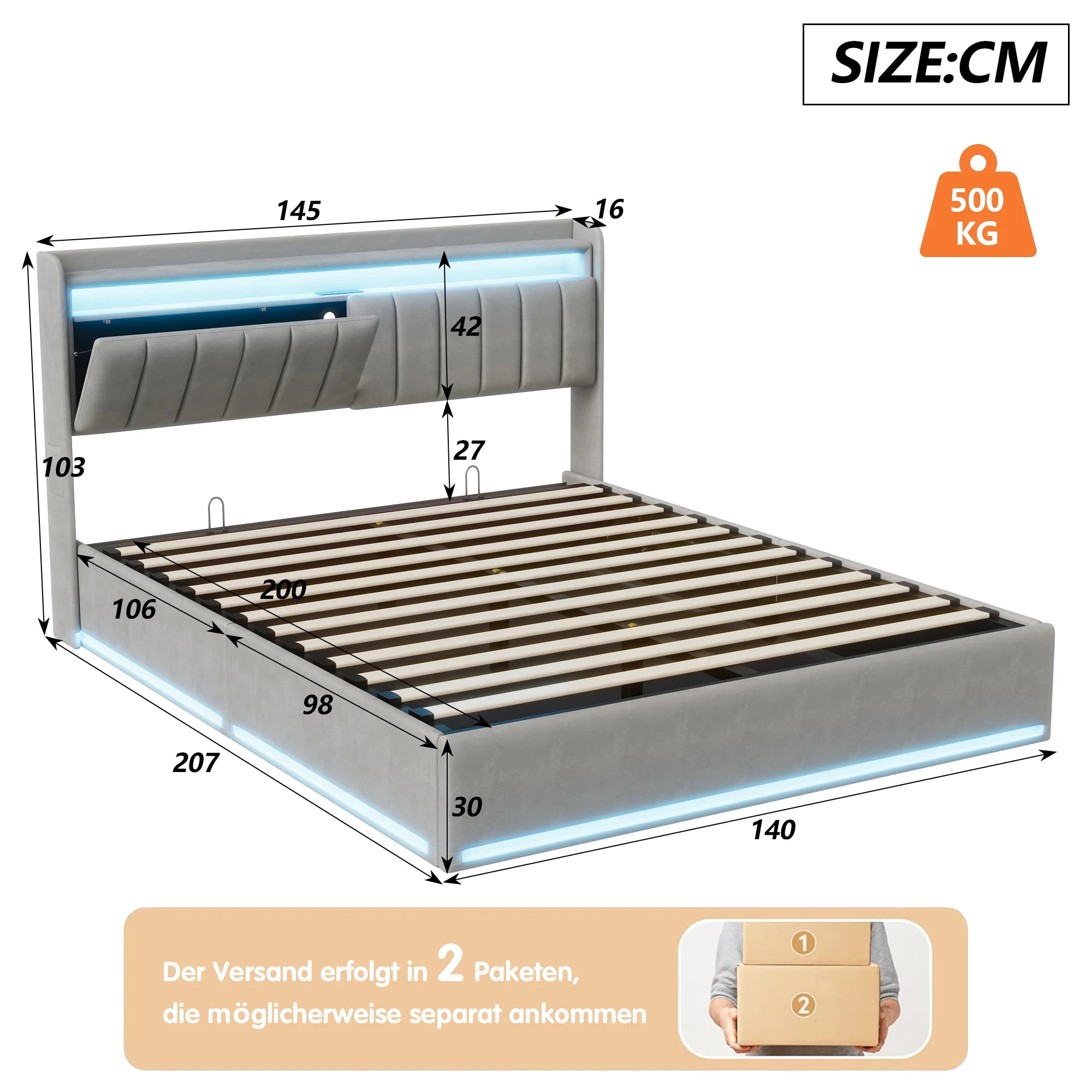 Tweepersoonsbed met geïntegreerde LED‑verlichting, USB‑oplaadfuncties en opbergruimte – Modern en functioneel bedframe