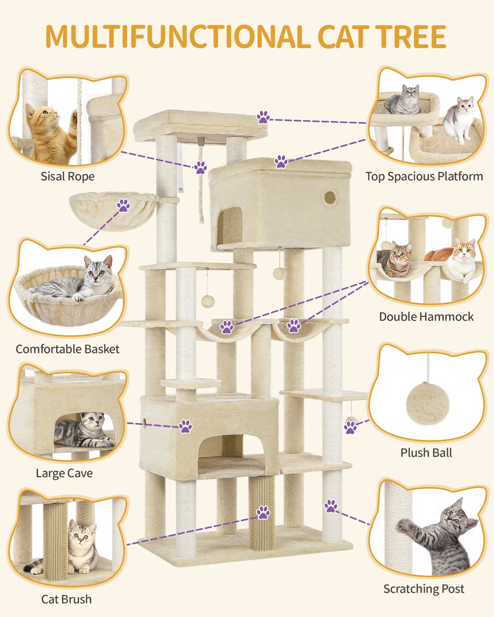 Grote Krabpaal voor Katten XXL – 200 cm Kattenboom met 10 Sisalpalen, 2 Huisjes, Hangmatten & Platform – Voor Grote Katten