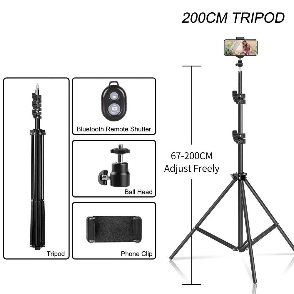 Draagbaar Selfie Lichtstatief 37–200 cm – Verstelbaar Tripod voor Smartphone, Camera en LED Ringlicht