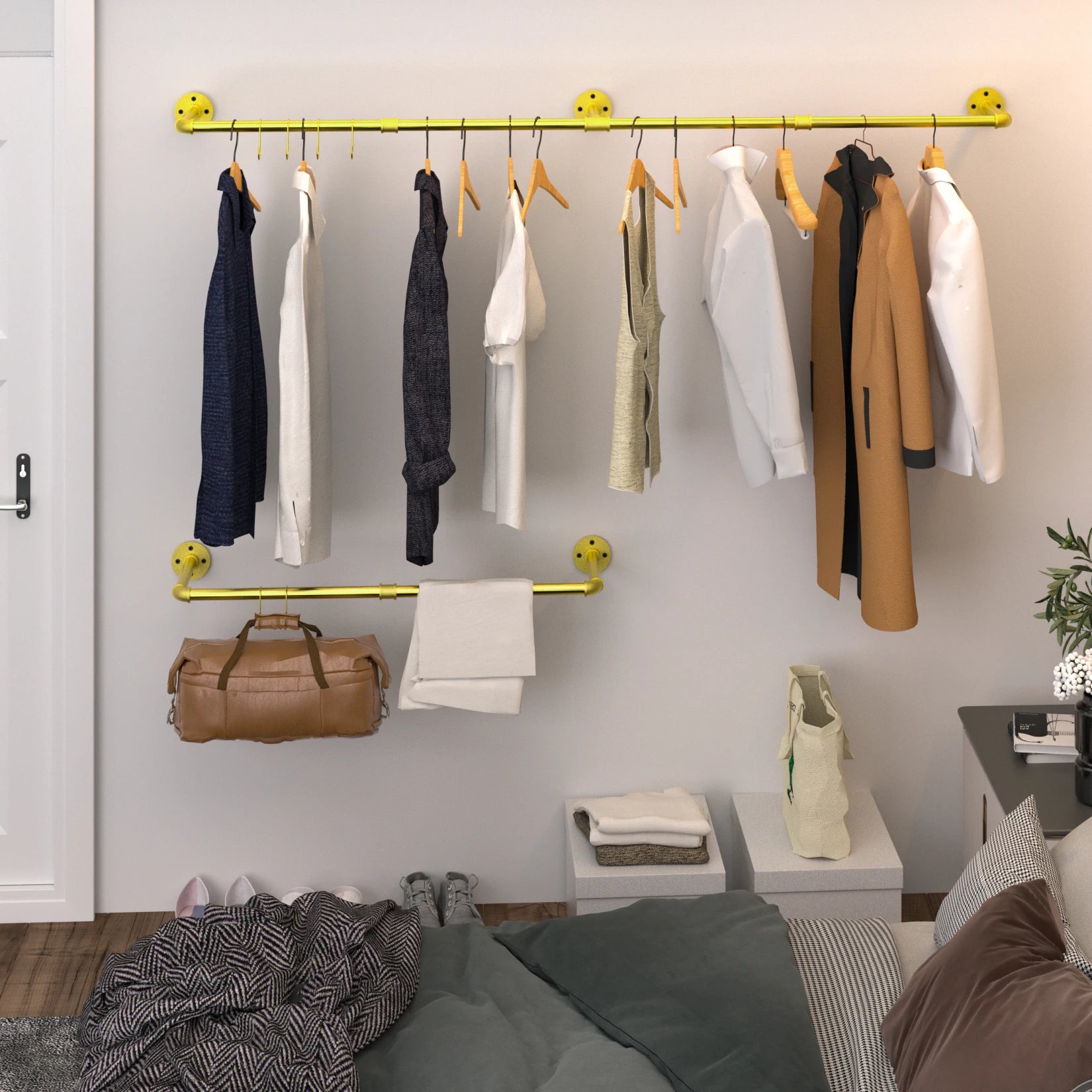 Industrieel Muur Kledingrek Buiswerk – Goud – Wand Kledingstang 180 cm – Ruimtebesparend en Stevig Metaal