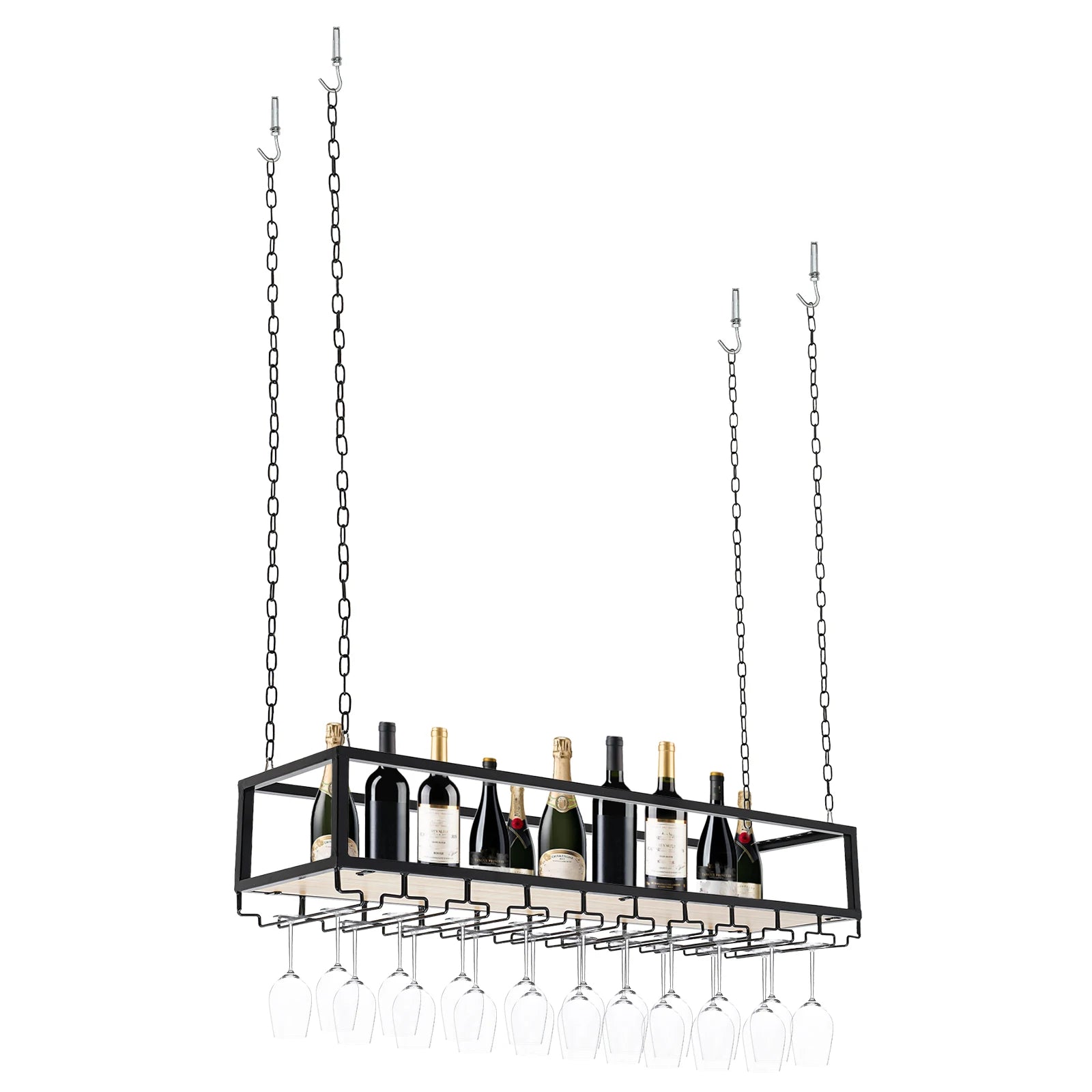 Hangend Wijnrek Industrieel met Glazenhouder – Vintage Plafond Wijnrek Metaal & Hout