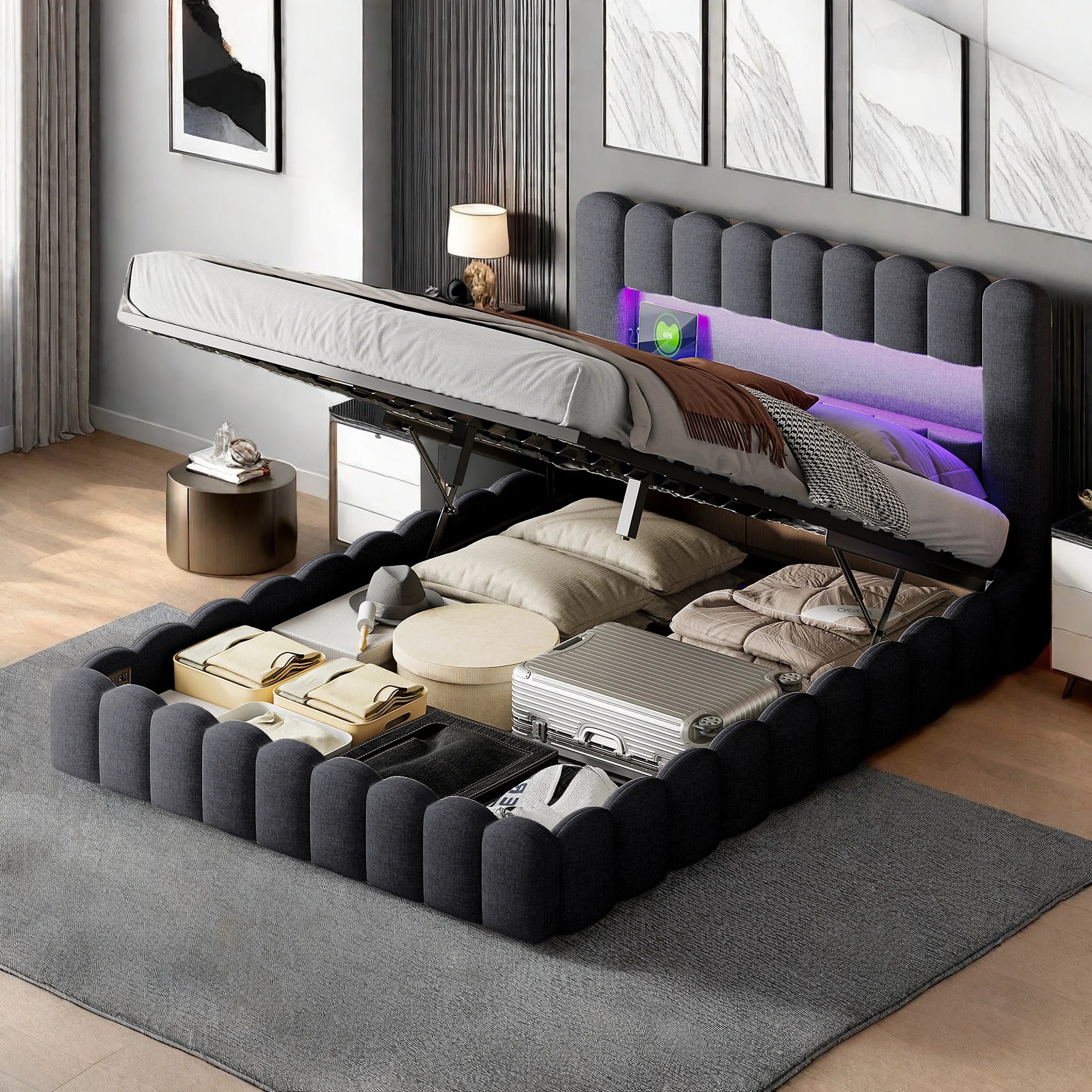 Gestoffeerd Tweepersoonsbed 140–180 cm met LED‑verlichting, USB‑poorten en Opbergruimte – Modern Opbergbed