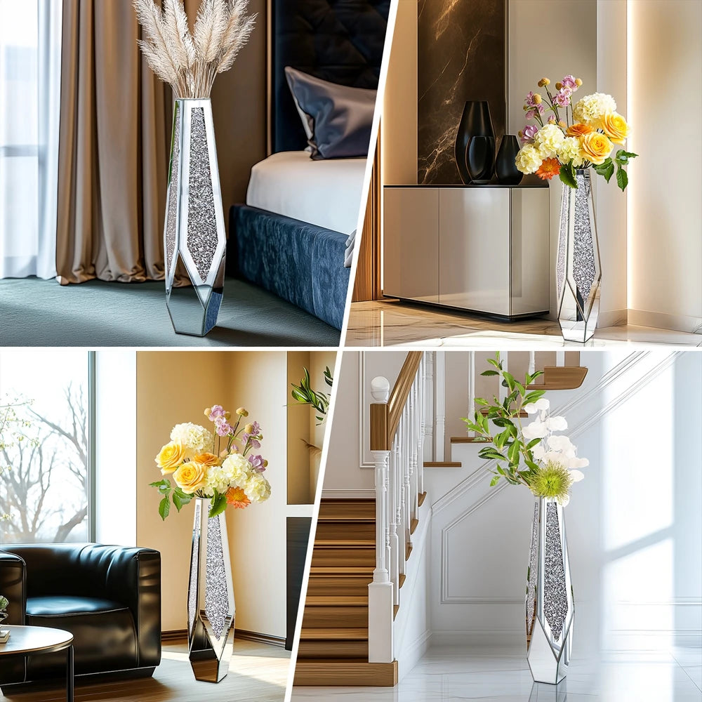 Grote Crushed Diamond Vloervaas – Luxe Spiegel Vaas met Kristal Effect – Moderne Zilveren Bloemenvaas 85 cm