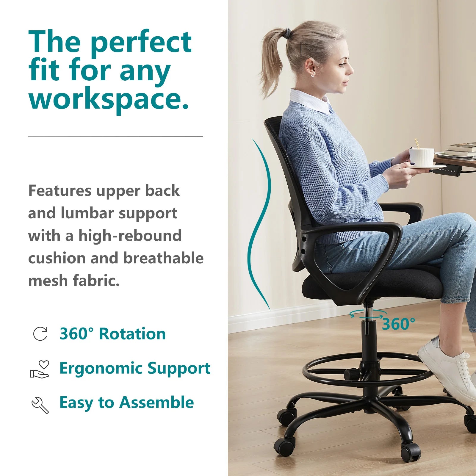 Ergonomische Mesh Bureaustoel – Comfortabele Kantelbare Bureaustoel met Lendensteun en Wielen