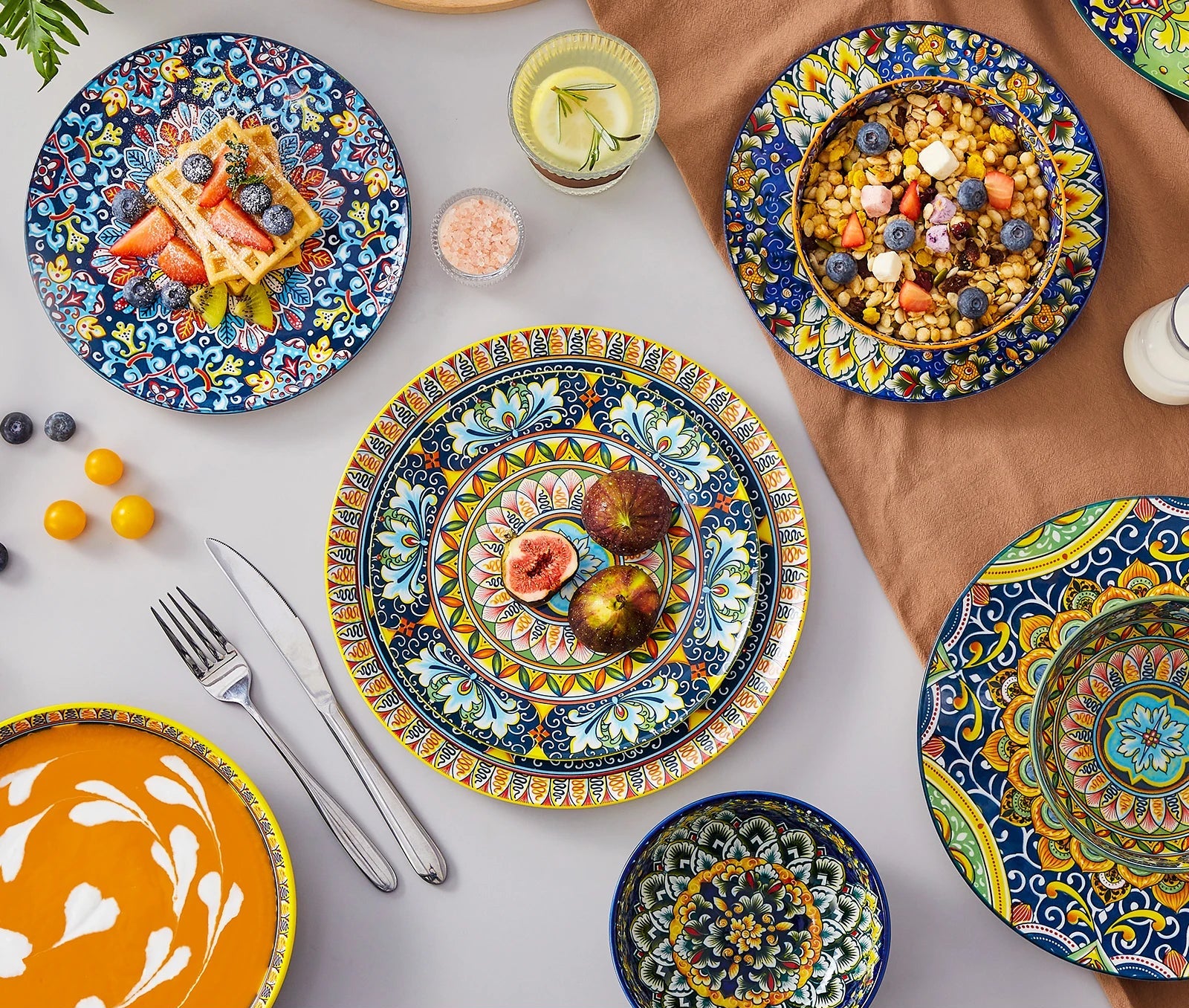 Boheemse Servies Set 24-delig – Porselein Servies voor 6 Personen – Kleurrijk Keramiek Servies met Borden en Kommen