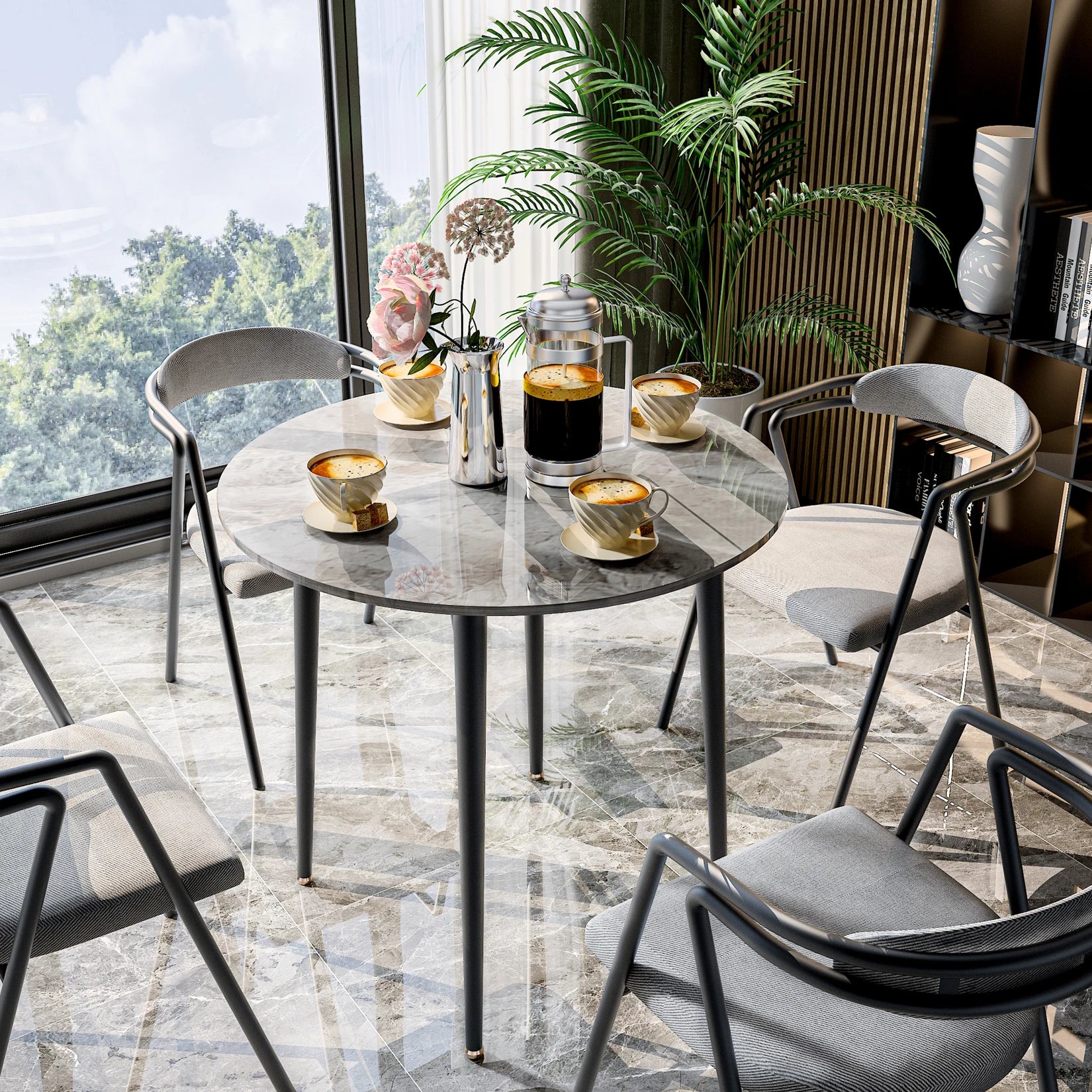 Ronde Eettafel 80 cm Sintersteen – Moderne Marmer Look Tafel met Zwarte Metalen Poten voor 2-4 Personen
