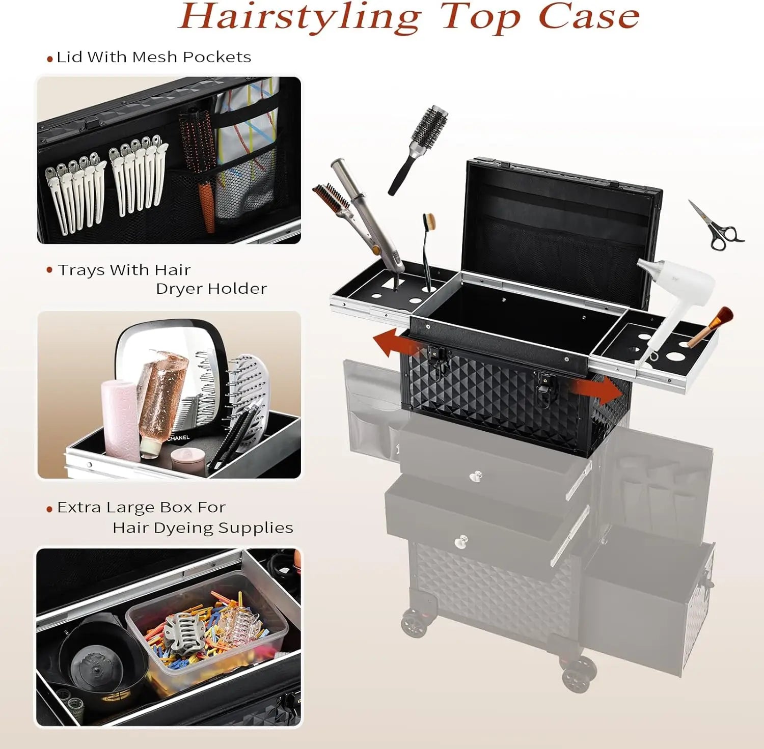 Professionele Make-up Koffer Trolley met Slot en Wielen – Cosmetica Organizer 56-75L – Rollende Beauty Case voor Kapper en Visagist