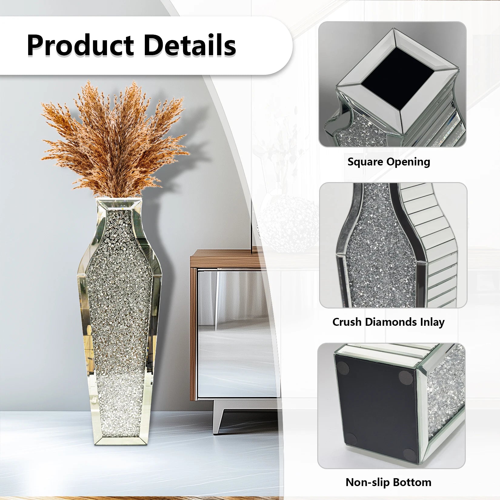 Hoge Spiegelende Bloemvaas 68,5 cm – Luxe Diamant Design Vloervaas Zilver voor Woonkamer en Interieur