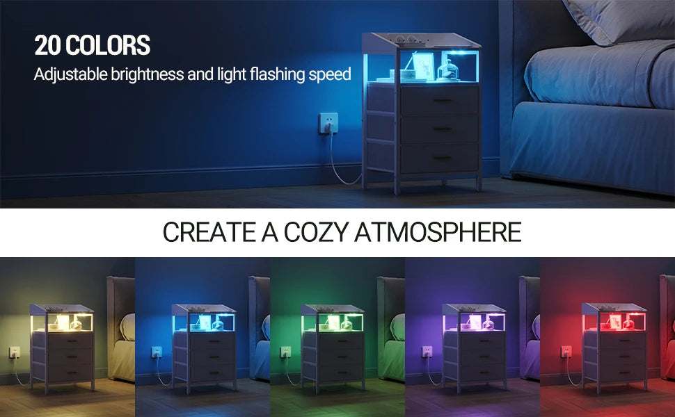 LED Nachtkastje met Oplaadstation en USB – Moderne Bijzettafel met 3 Lades en Plank – Wit/Zwart