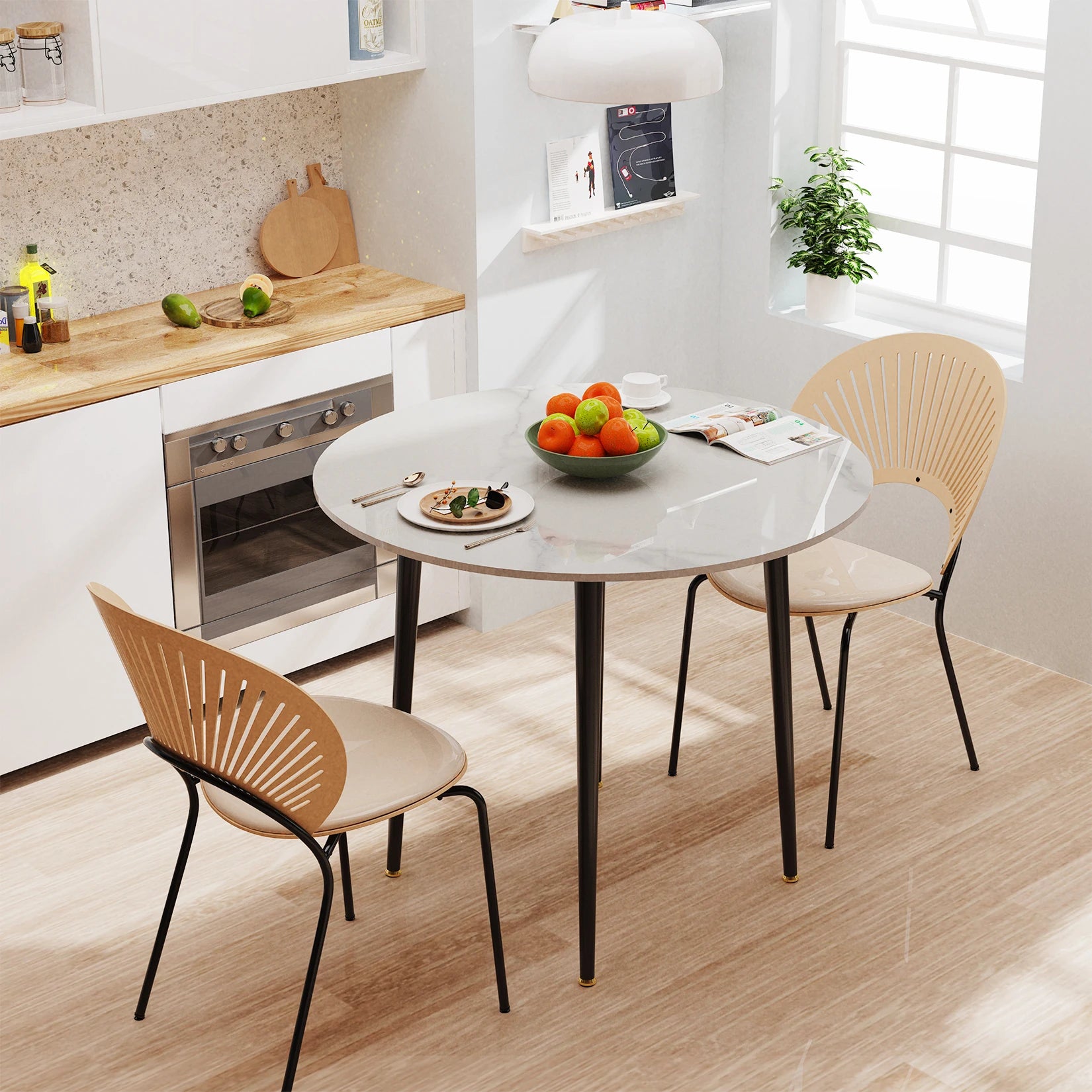 Ronde Eettafel 80 cm Sintersteen – Moderne Marmer Look Tafel met Zwarte Metalen Poten voor 2-4 Personen