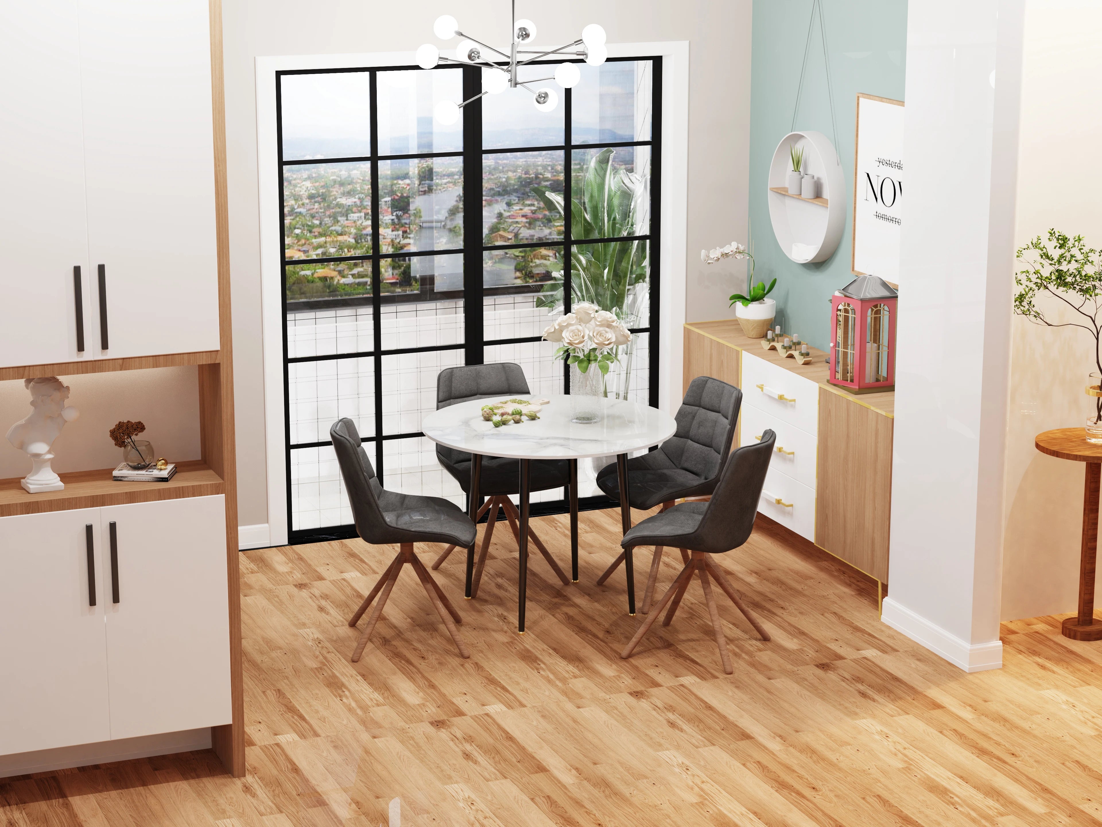 Ronde Eettafel 80 cm Sintersteen – Moderne Marmer Look Tafel met Zwarte Metalen Poten voor 2-4 Personen