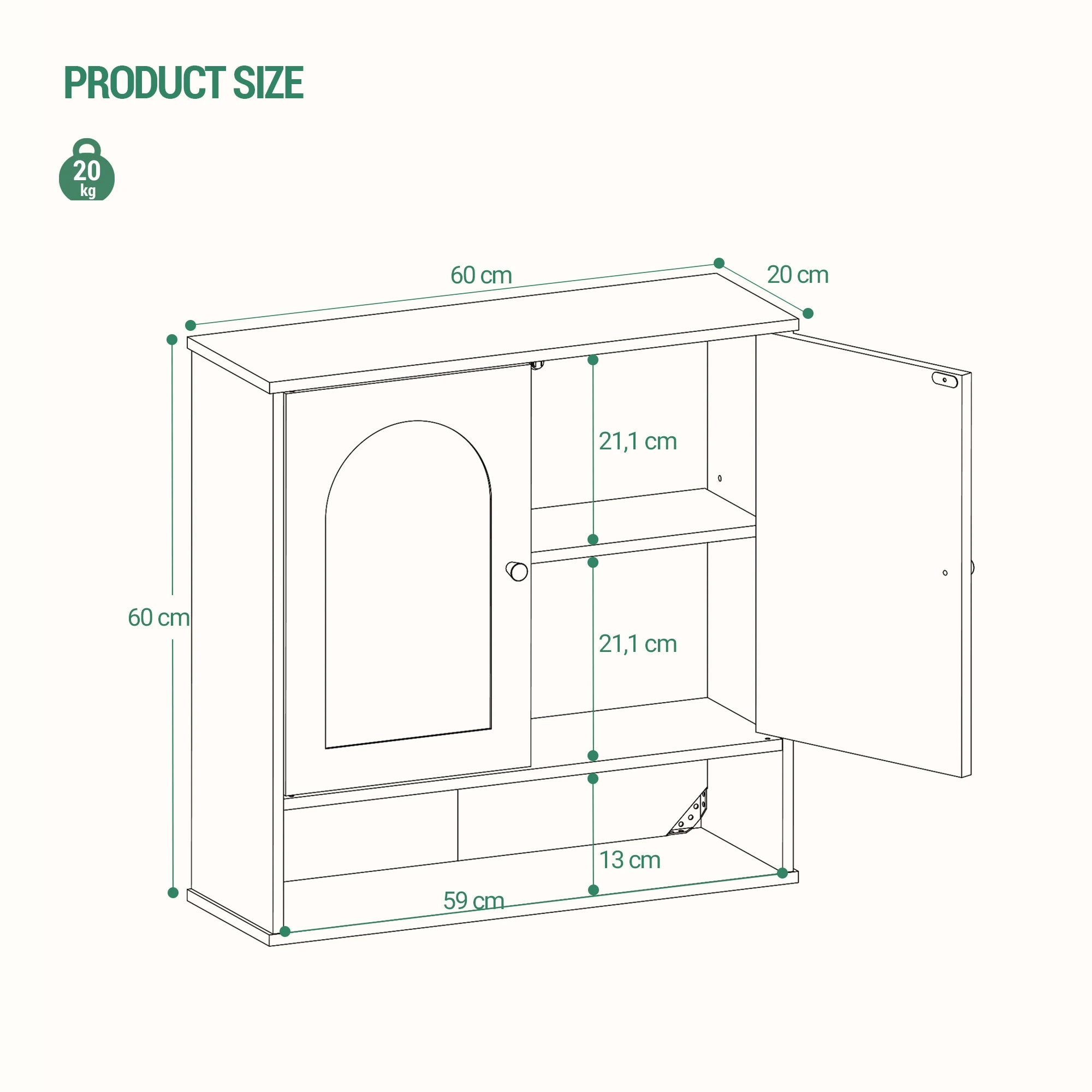 Badkamer Wandkast 60 x 20 x 60 cm – Wandmontage Opbergruimte – Wit met Houtnerf – 2 Deuren & Open Vak – Verstelbare Planken – Moderne Badkamerkast