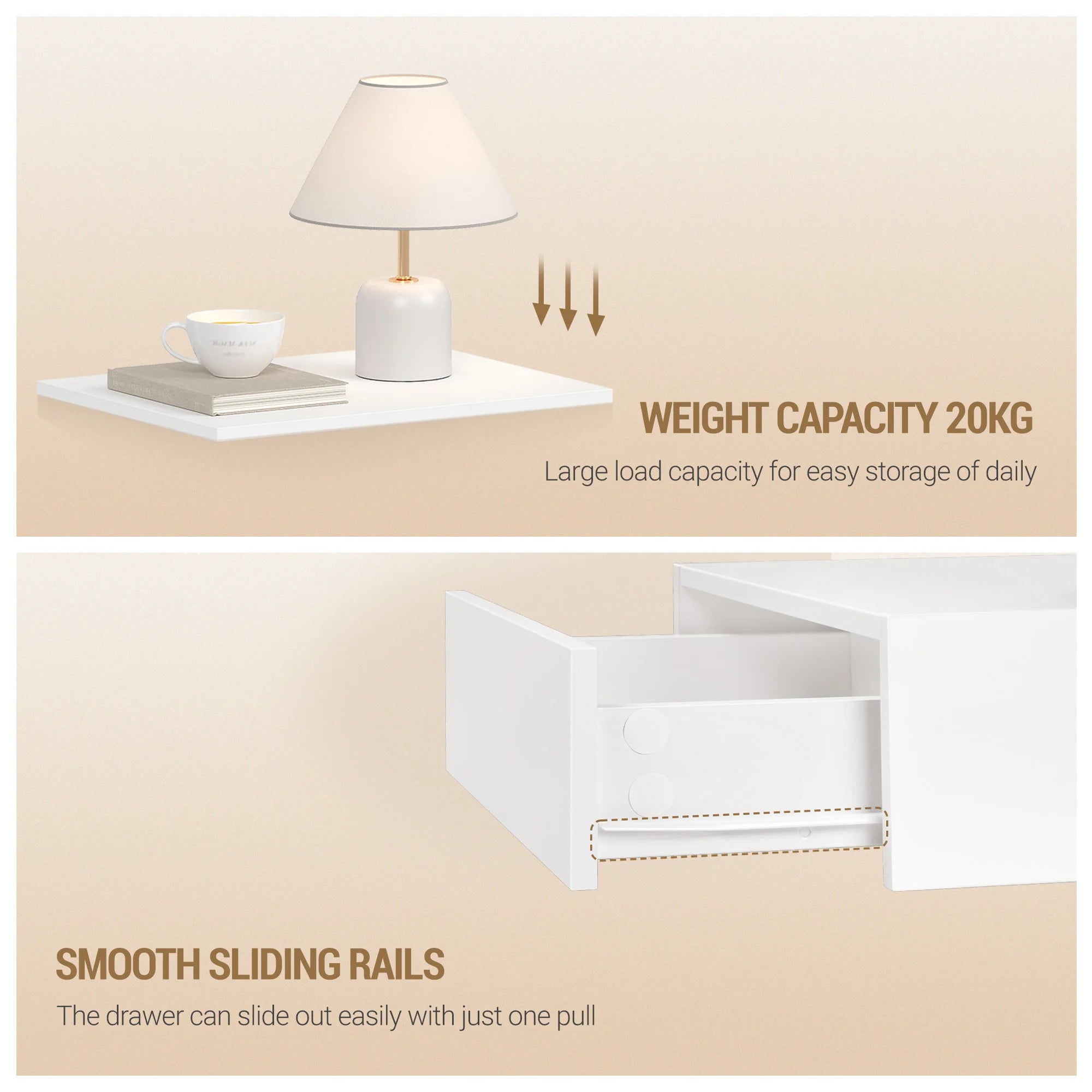 Zwevend Nachtkastje met Lade – Wandplank Bedside Table met Opbergruimte – Modern Minimalistisch Wit Design