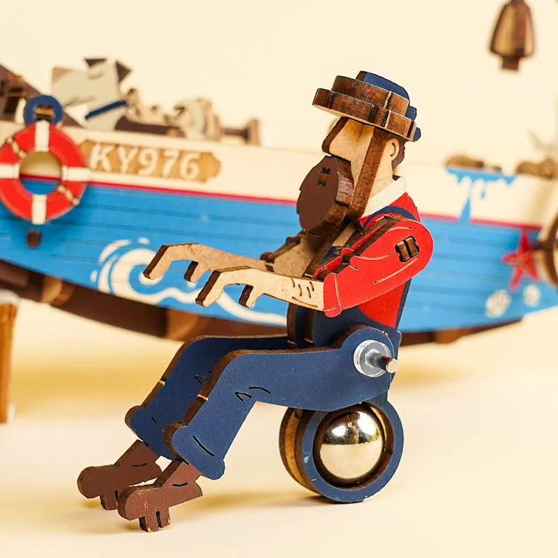 3D Houten Puzzel Vissersboot – DIY Bouwpakket met Bewegende Onderdelen – Mechanische Modelboot Decoratie en Creatief Cadeau 14+