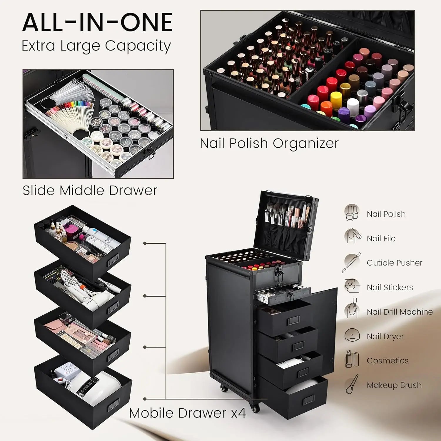 Mobiele Manicure Tafel met 5 Lades – Rijdende Nageltafel op Wielen – Opvouwbaar en Ruim Opbergstation voor Nagelstudio en Thuisgebruik