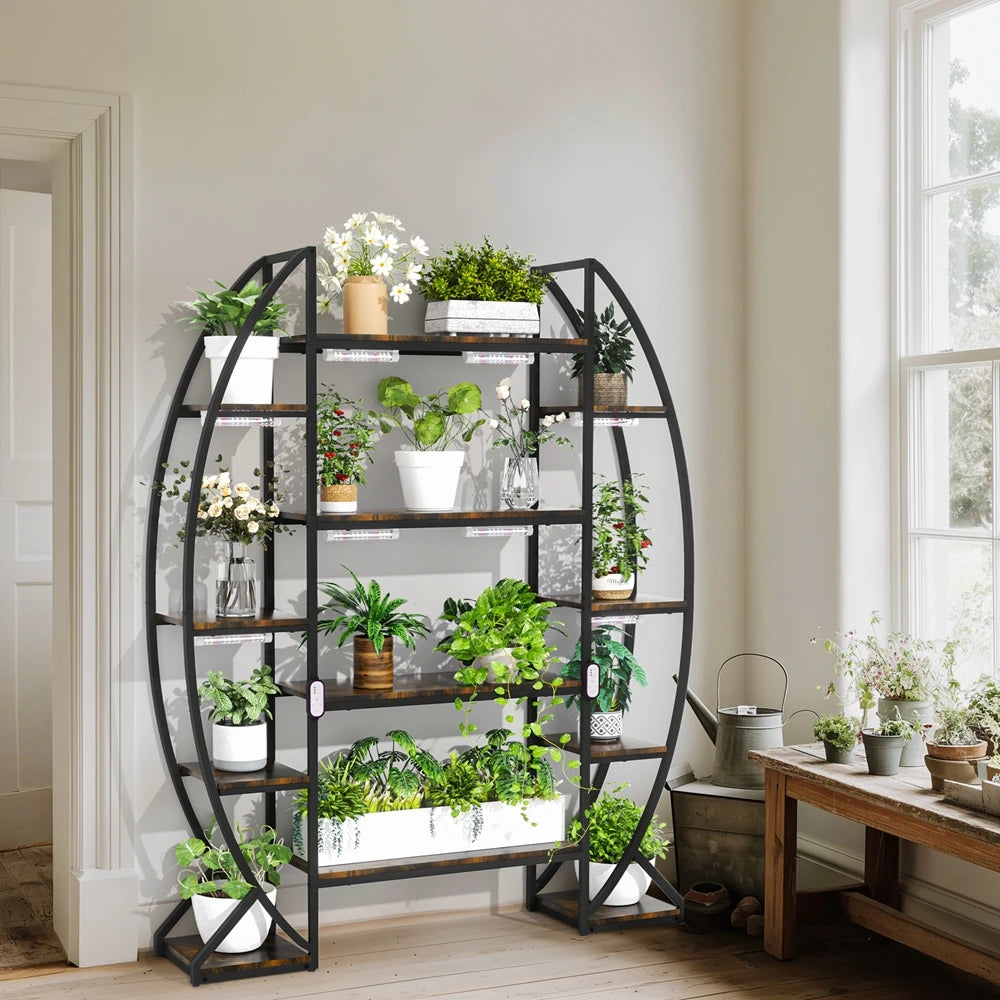 Halvemaan Plantenrek met Groeilampen – 5 Laags Industriële Bloemenstandaard met LED Plant Lights voor Binnen