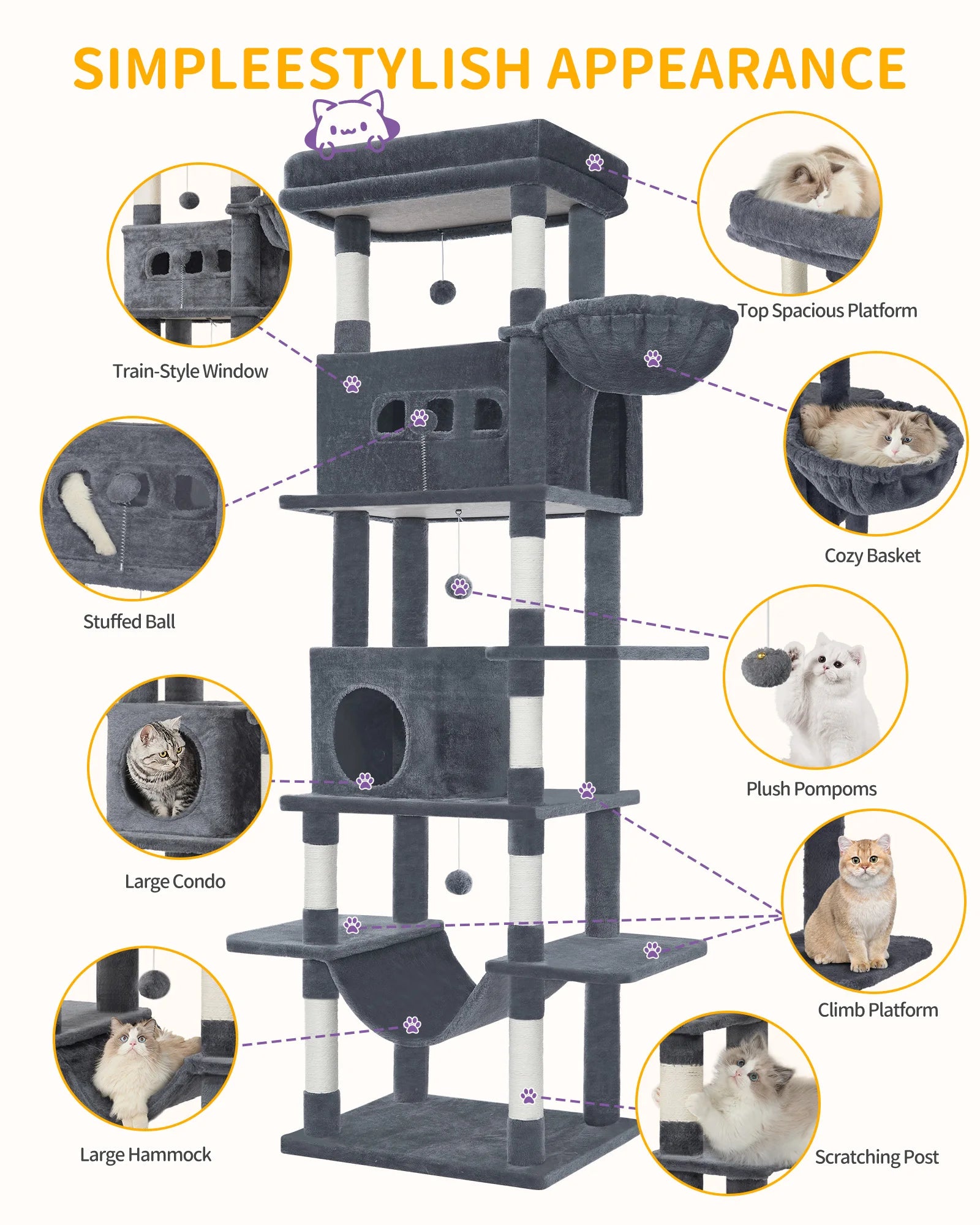210 cm Grote Krabpaal Kattenboom – Luxe Multi-Level Kattenhuis met Krabpalen, Hangmat & Speelgoed voor Grote en Meerdere Katten