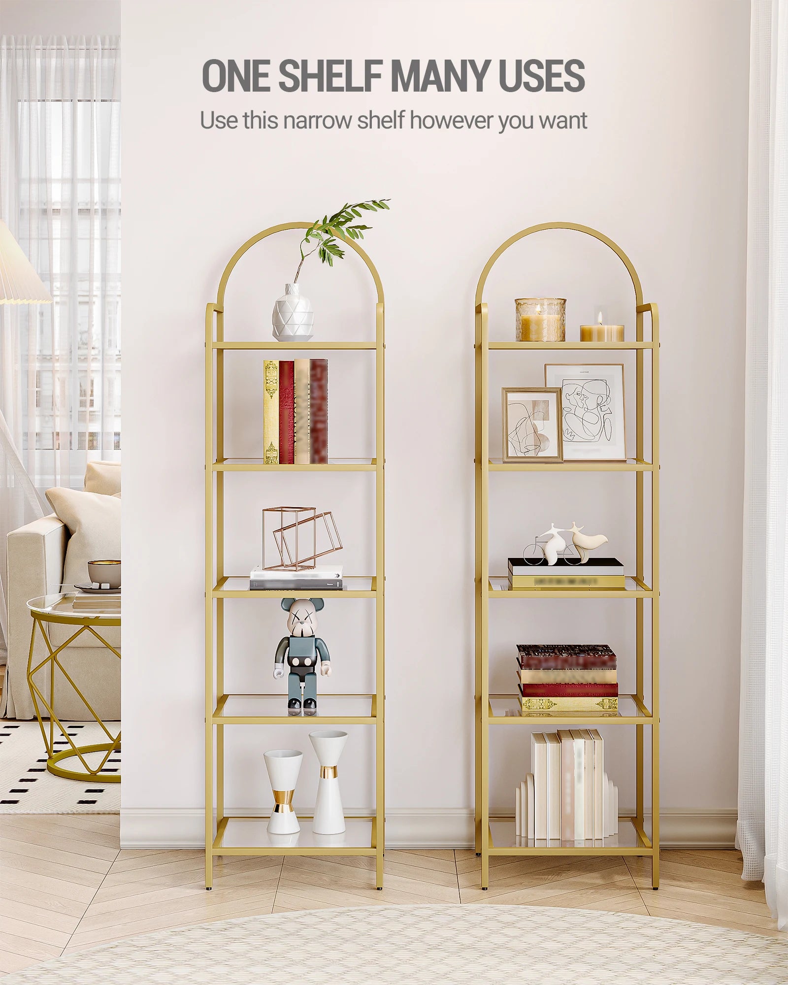 Smalle Boekenkast met Glazen Planken en Goud Stalen Frame – Moderne Open Kast 5 Niveaus voor Woonkamer, Slaapkamer en Badkamer