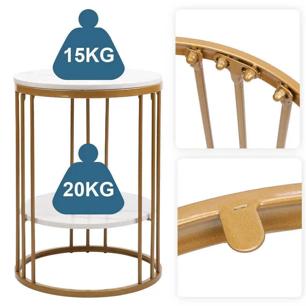 2-Laags Ronde Bijzettafel met Marmerlook – Moderne Salontafel & Nachtkastje met Opbergruimte – Wit Design
