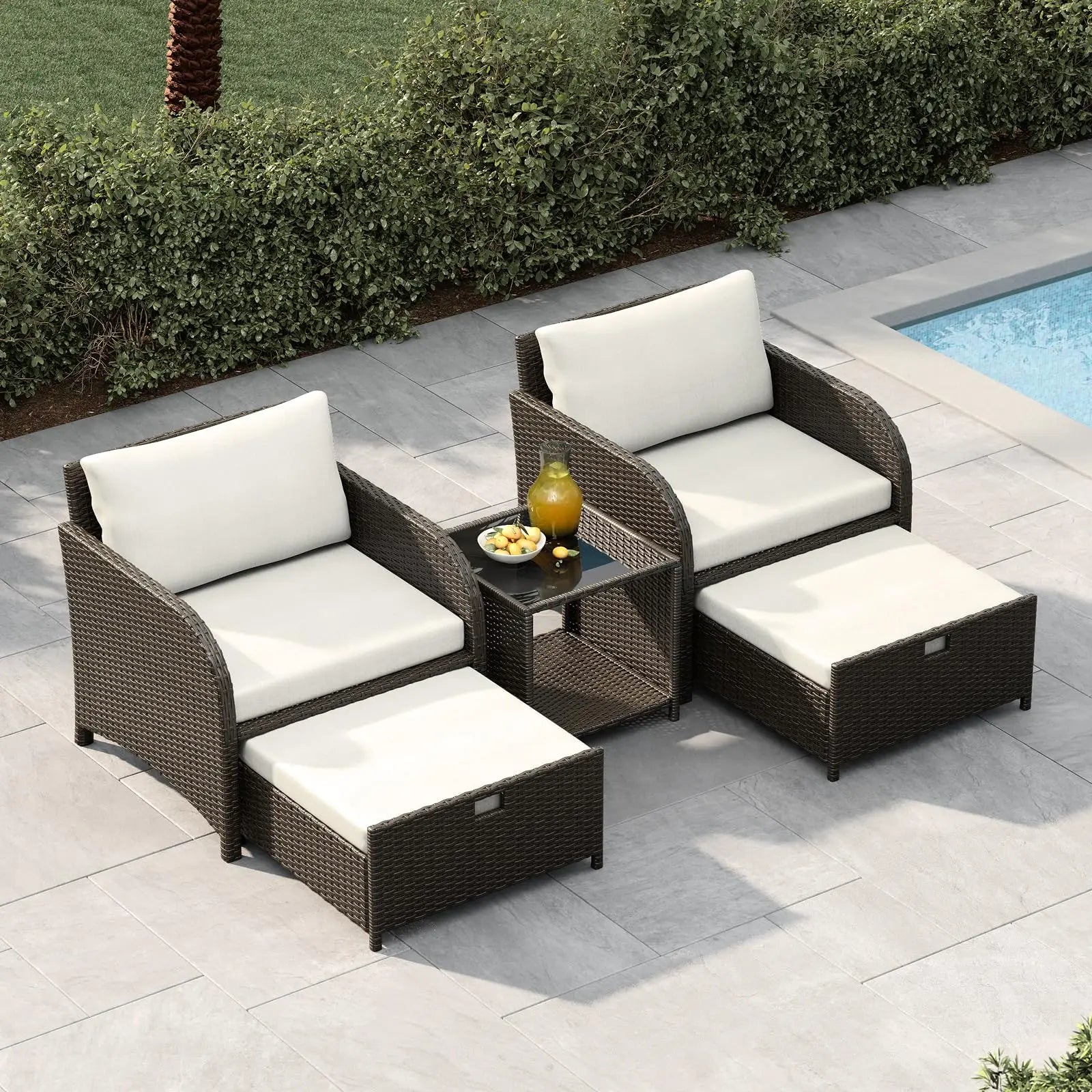 5-Delige Rotan Loungeset met Voetenbanken & Glazen Tafel – Tuinset voor Balkon, Terras & Tuin