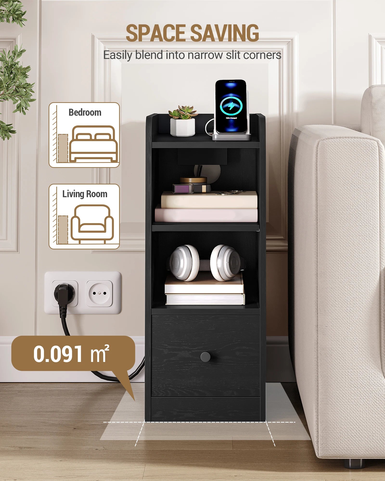 Nachtkastje Set van 2 met Oplaadstation – USB & USB-C – Modern Smal Bijzettafeltje met Lade en Opbergruimte – Zwart