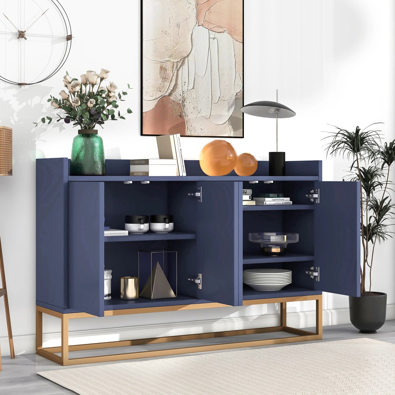Minimalistische Dressoirkast 4 Deuren met Slot – Opbergkast Metaal & MDF – Moderne Buffetkast voor Woonkamer en Eetkamer