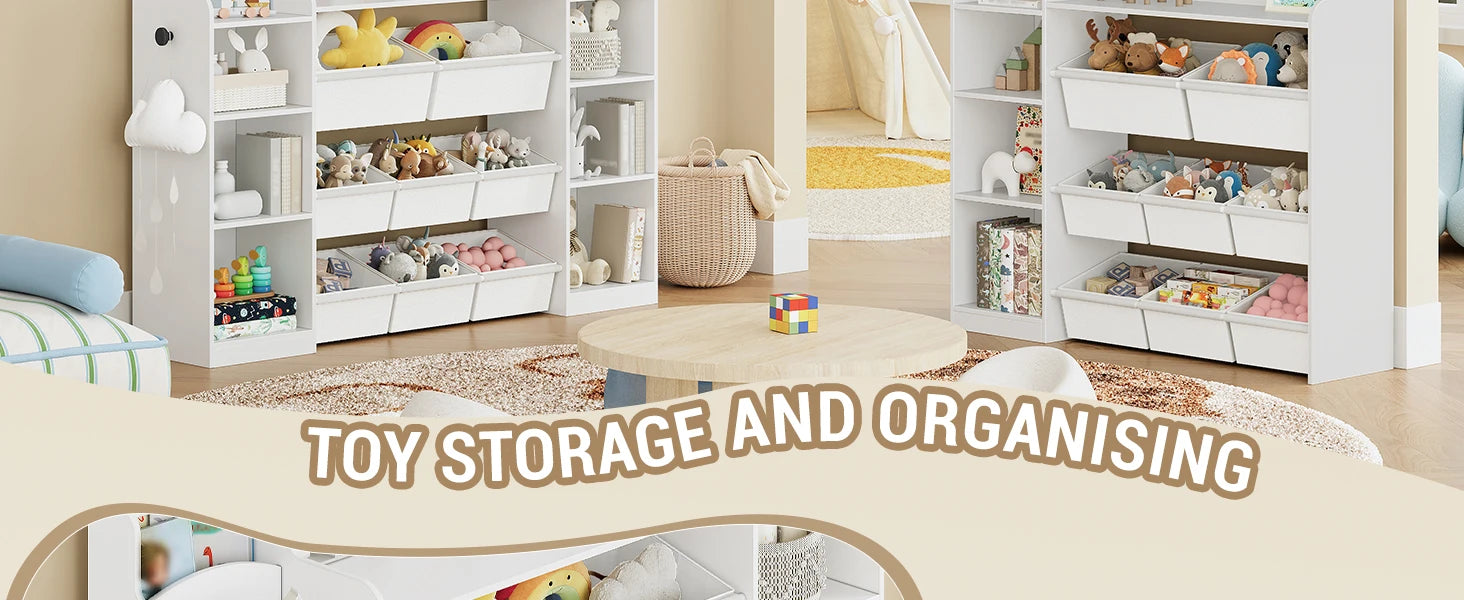 Kinderboekenkast met Opbergbakken – Houten Speelgoedkast met 8 Stoffen Lades & 9 Vakken – Kinderkamer Organizer Wit