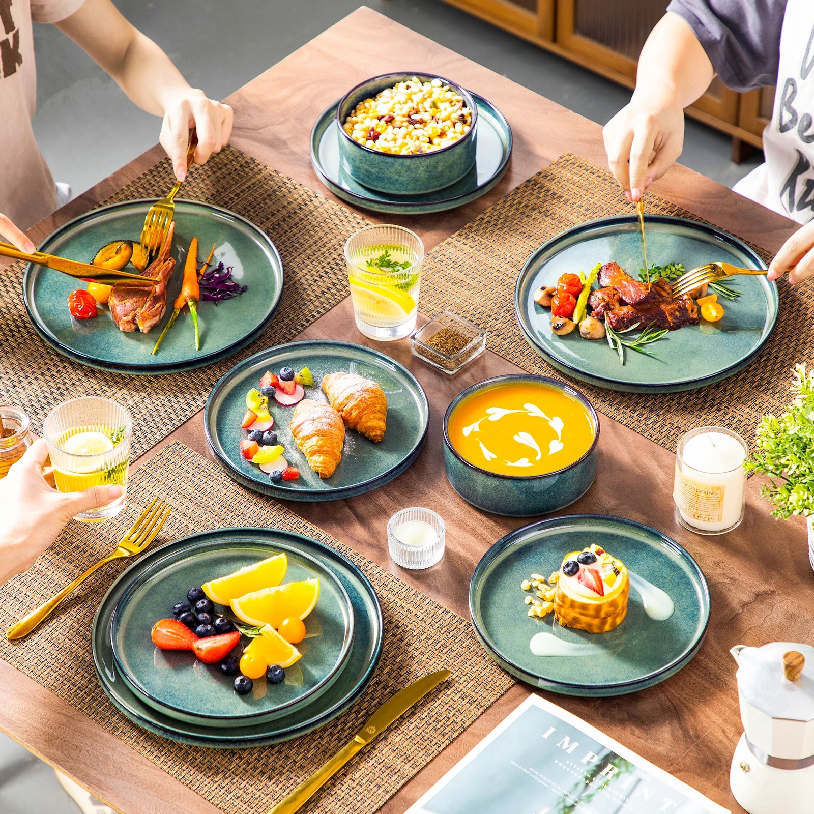Serviesset Zwart Groen – 12/24/36-Delige Keramische Diner Set met Borden en Kommen – Modern & Luxe Servies