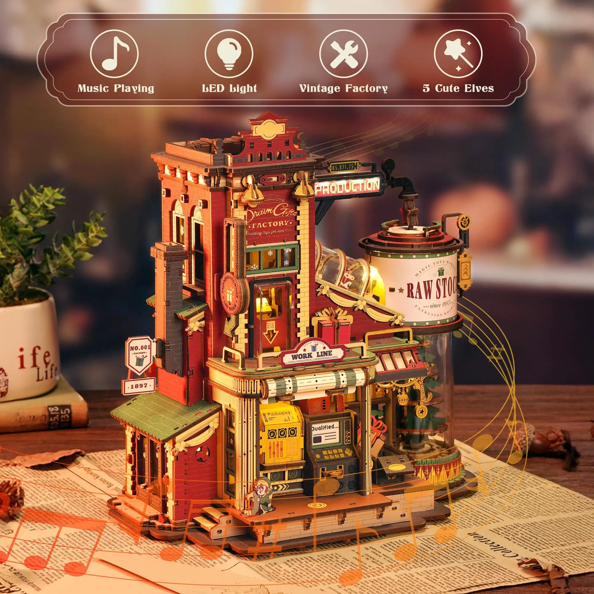 3D Houten Puzzel Dream Gift Factory – Mechanisch Model met Licht en Muziek – Bouwpakket voor Kinderen en Volwassenen