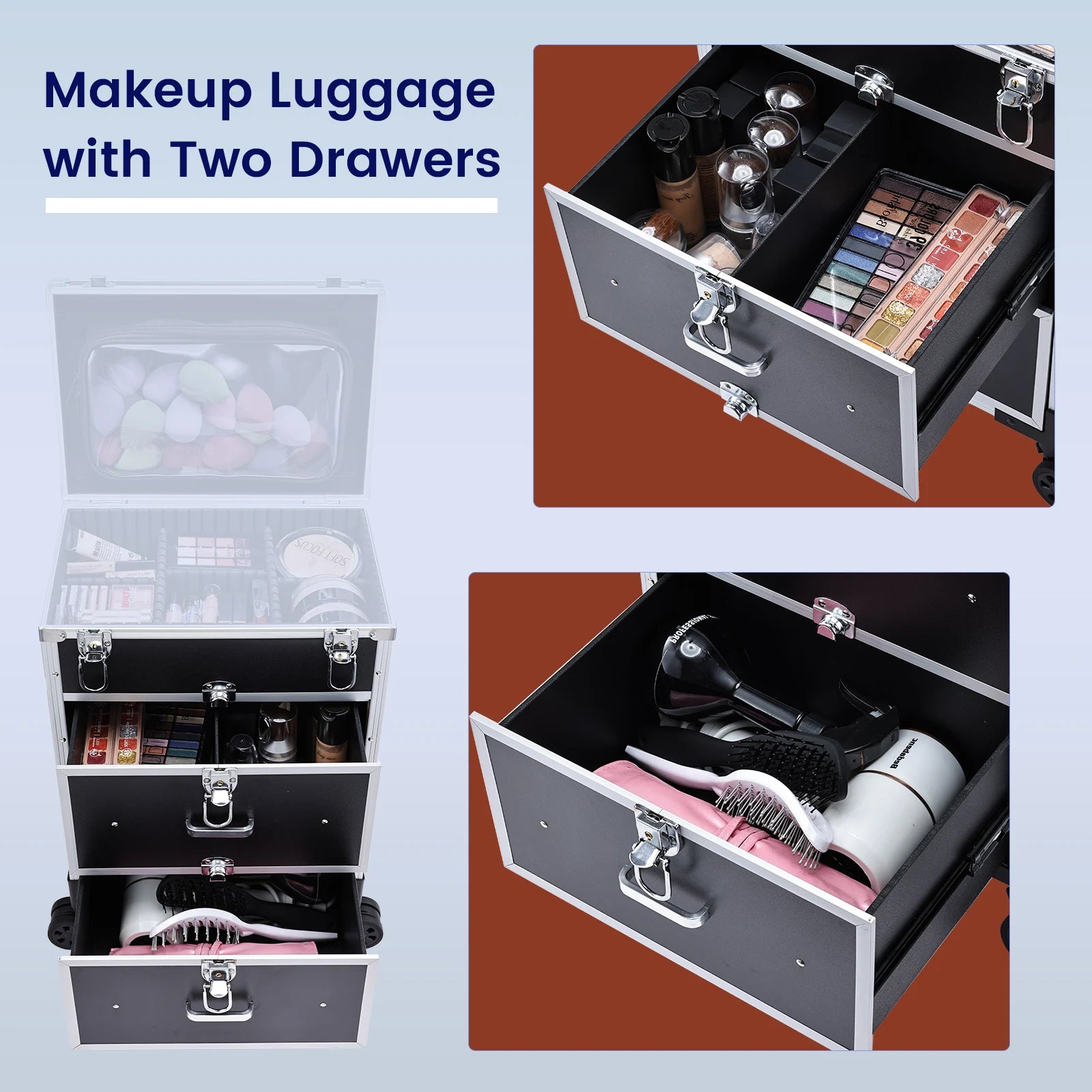 Professionele Cosmetica Trolley met Slot – Grote Make-up Train Case met Lades en Wielen – Duurzaam PVC Organizer voor Visagisten en Make-up Lovers