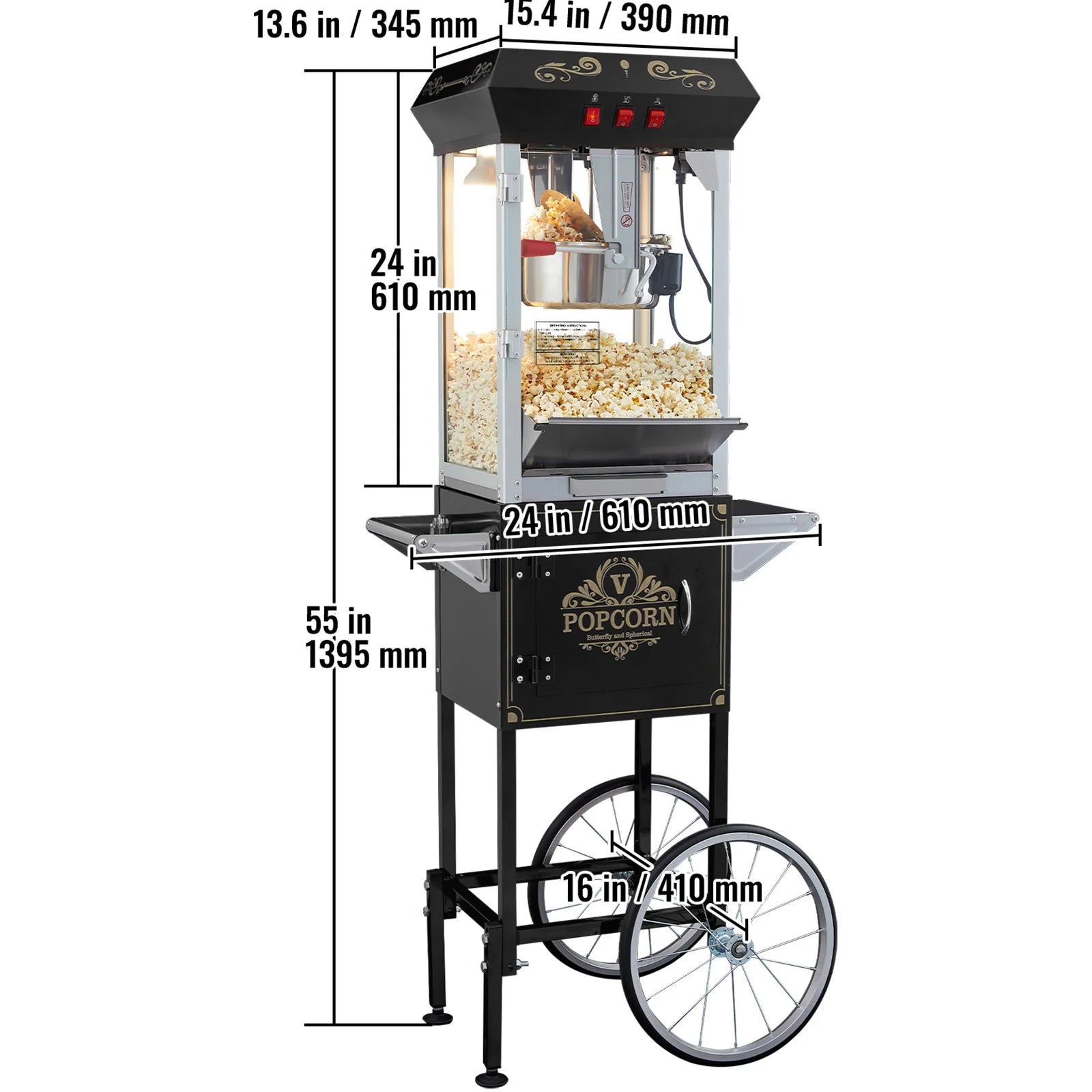 Professionele Popcornmaker met Kar – 8oz Ketel, 4 Schepjes – Commerciële Popcornmachine voor Evenementen en Kermissen