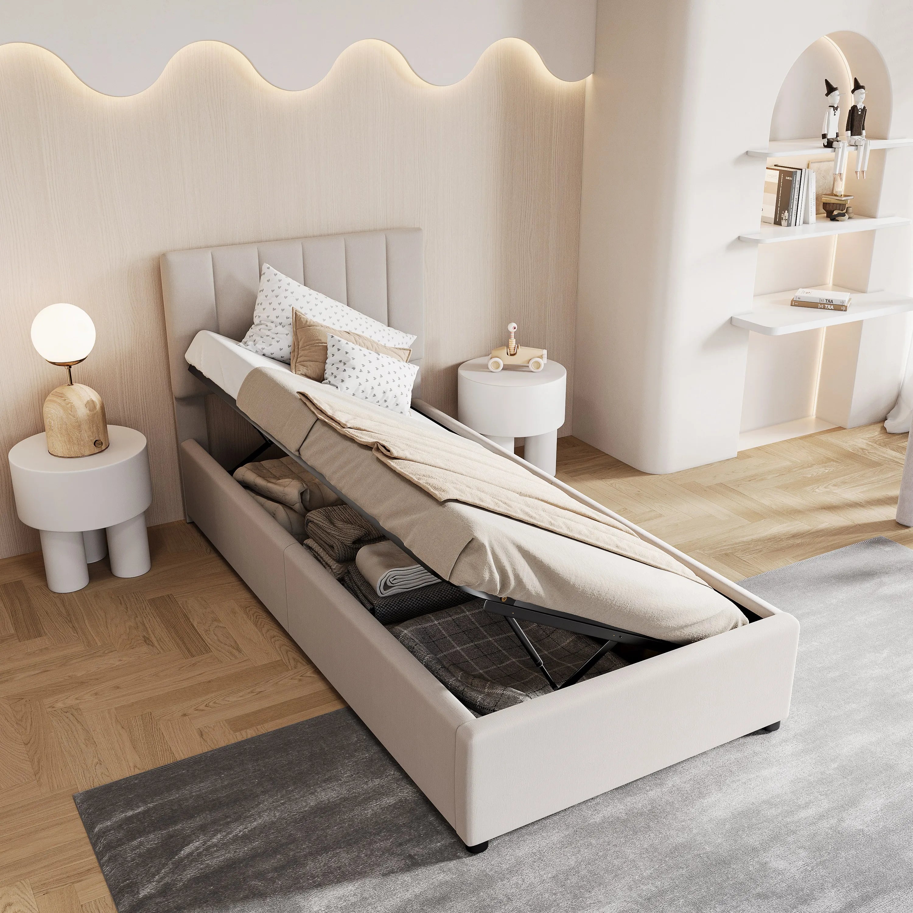 Gestoffeerd Kinderbed 90x200 cm met Opbergruimte – Comfortabel & Functioneel Eenpersoonsbed