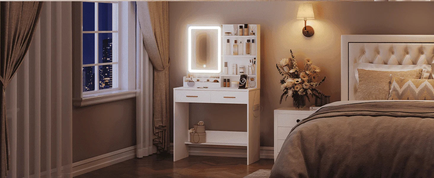 Kaptafel met LED Verlichting en Spiegel – Stopcontact & USB – 2 Lades en Opbergruimte – Moderne Witte Make-up Tafel