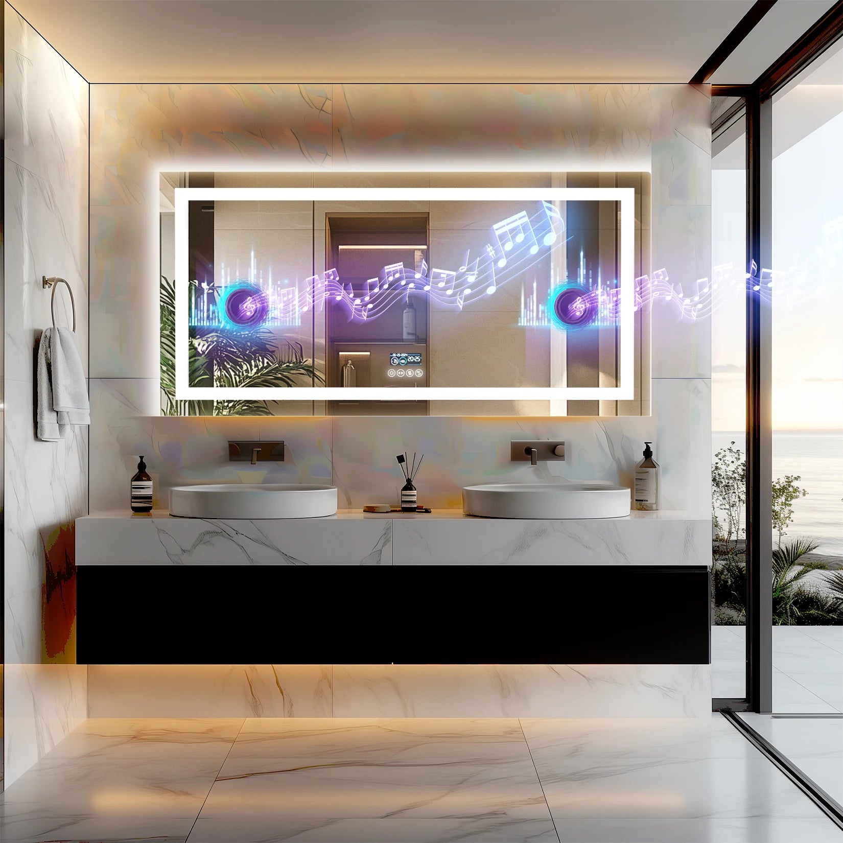 LED Badkamerspiegel met Bluetooth Speaker, Dimbare Verlichting, Anti-Condens & Display – Moderne Badkamerspiegel met Verlichting