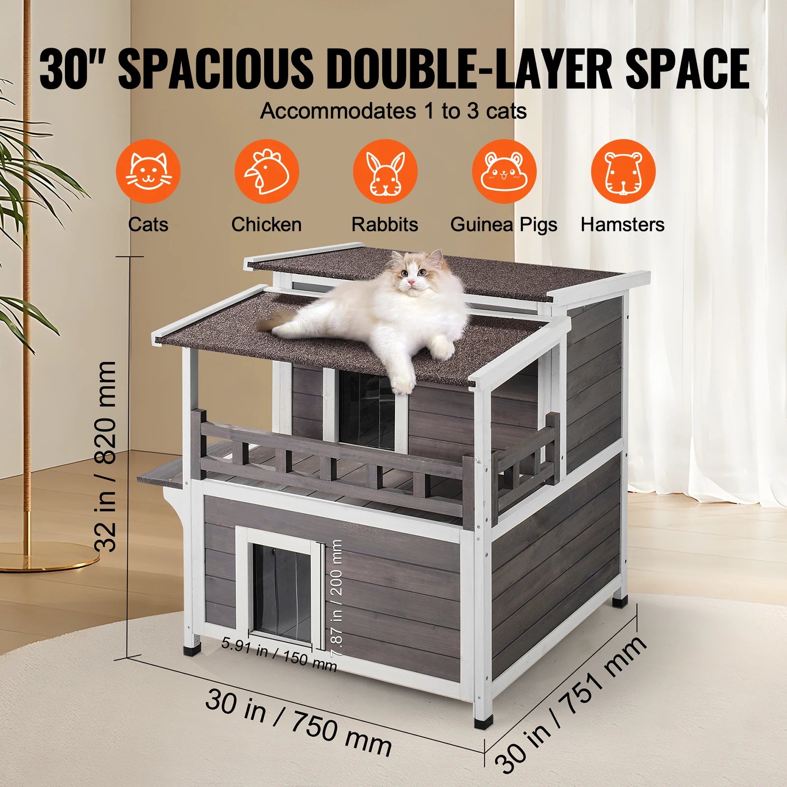 Buiten Kattenhuis Hout 2 Verdiepingen – Weerbestendig Kattenverblijf met Balkon en Dak – Luxe Kattenhuis voor Buiten