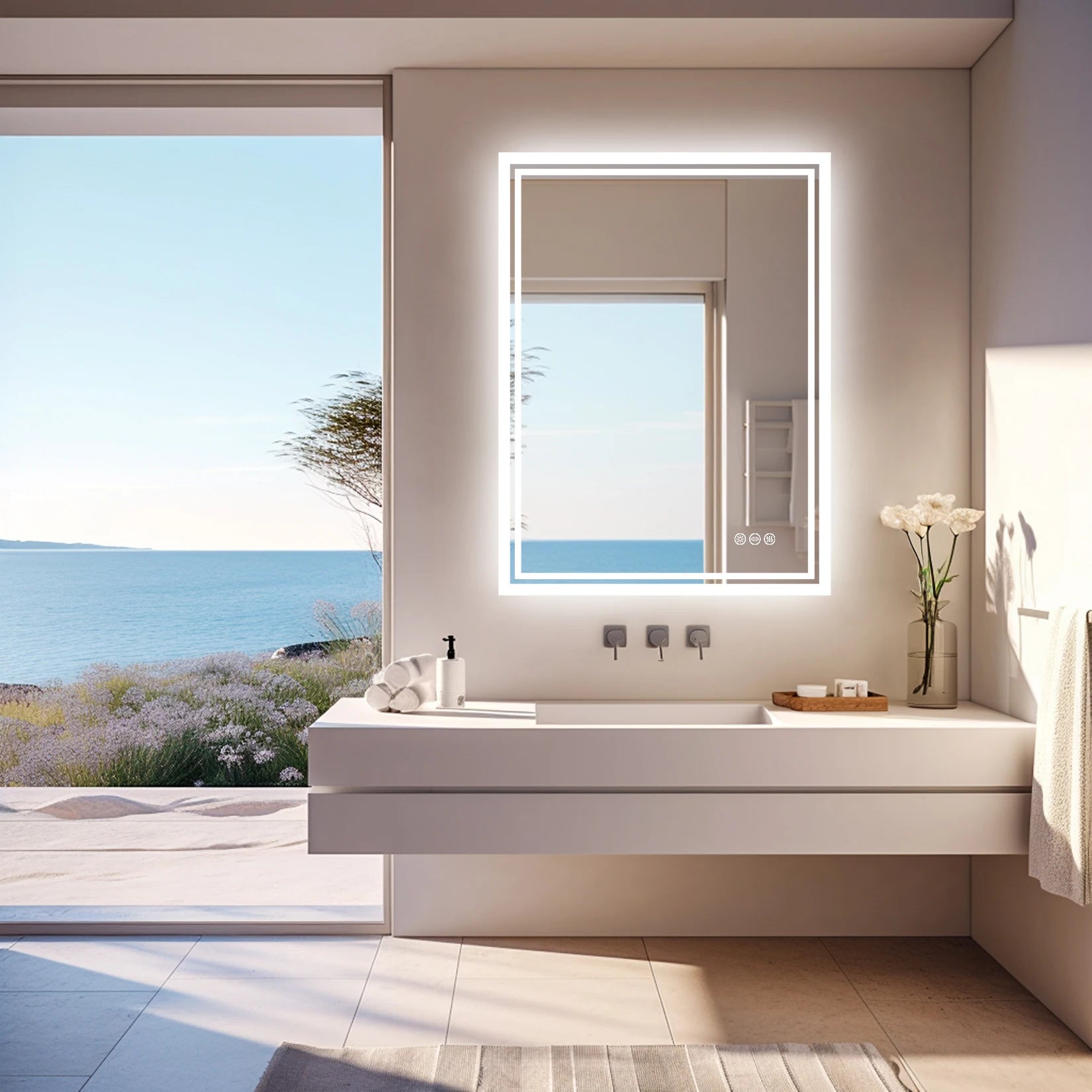 LED Badkamerspiegel met Verlichting – Dimbaar, Anti-Condens, Touch Bediening, IP65 Waterbestendig, Warm & Koel Licht