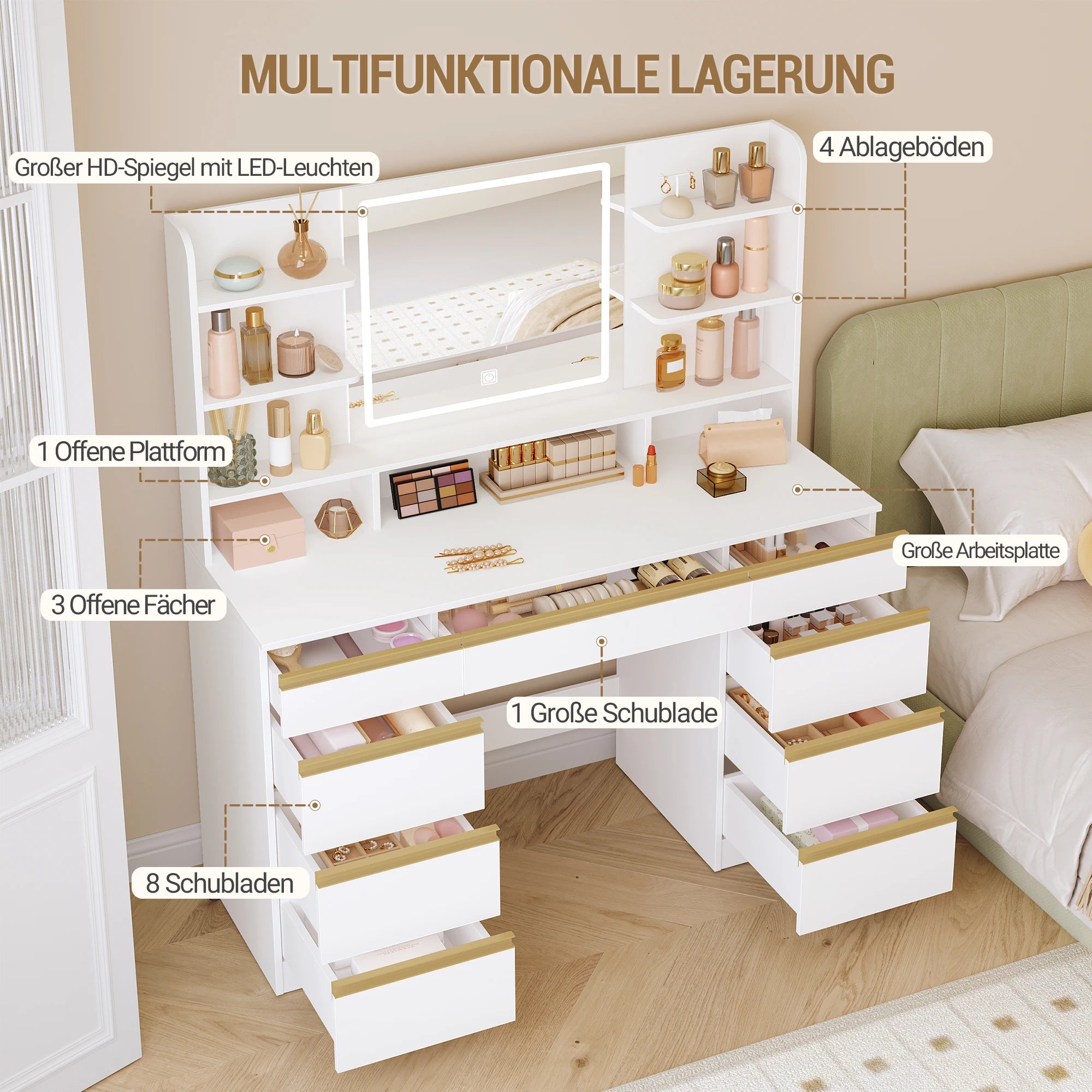 Kaptafel met LED Verlichting en Spiegel – 9 Laden & 9 Opbergvakken – Moderne Make-up Tafel met Verstelbare Verlichting – Wit Goud
