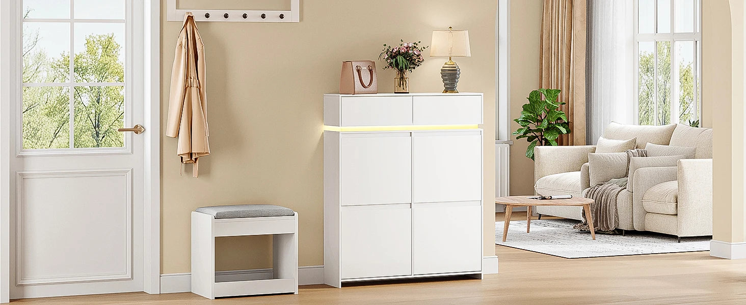 Schoenenkast Smal met LED Verlichting – Schoenenrek met 4 Kleppen & Lades – Ruimte voor 20 Paar – Modern Wit Halmeubel
