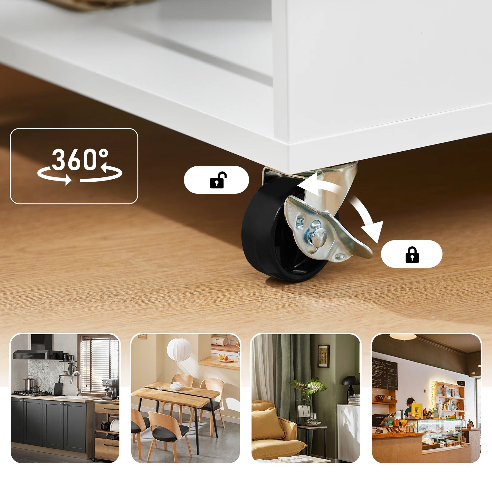 Witte keukentrolley met rubberen houten blad en wielen – multifunctionele serveerwagen