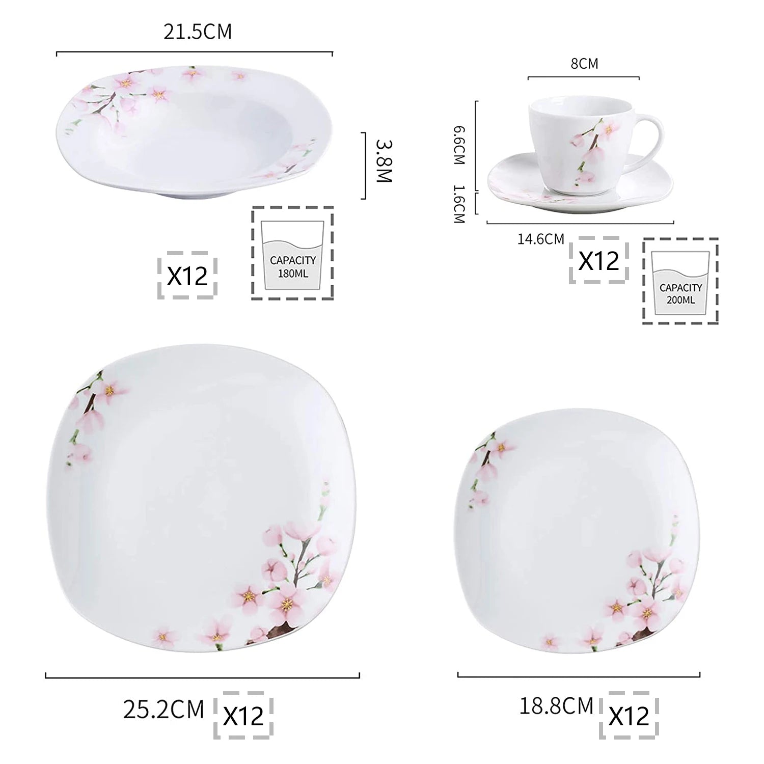 60-delige Porseleinen Servies Set met Roze Bloemen – 12 Personen – Dinerborden, Soepborden, Dessertborden, Kopjes & Schotels – Magnetron & Vaatwasser Bestendig