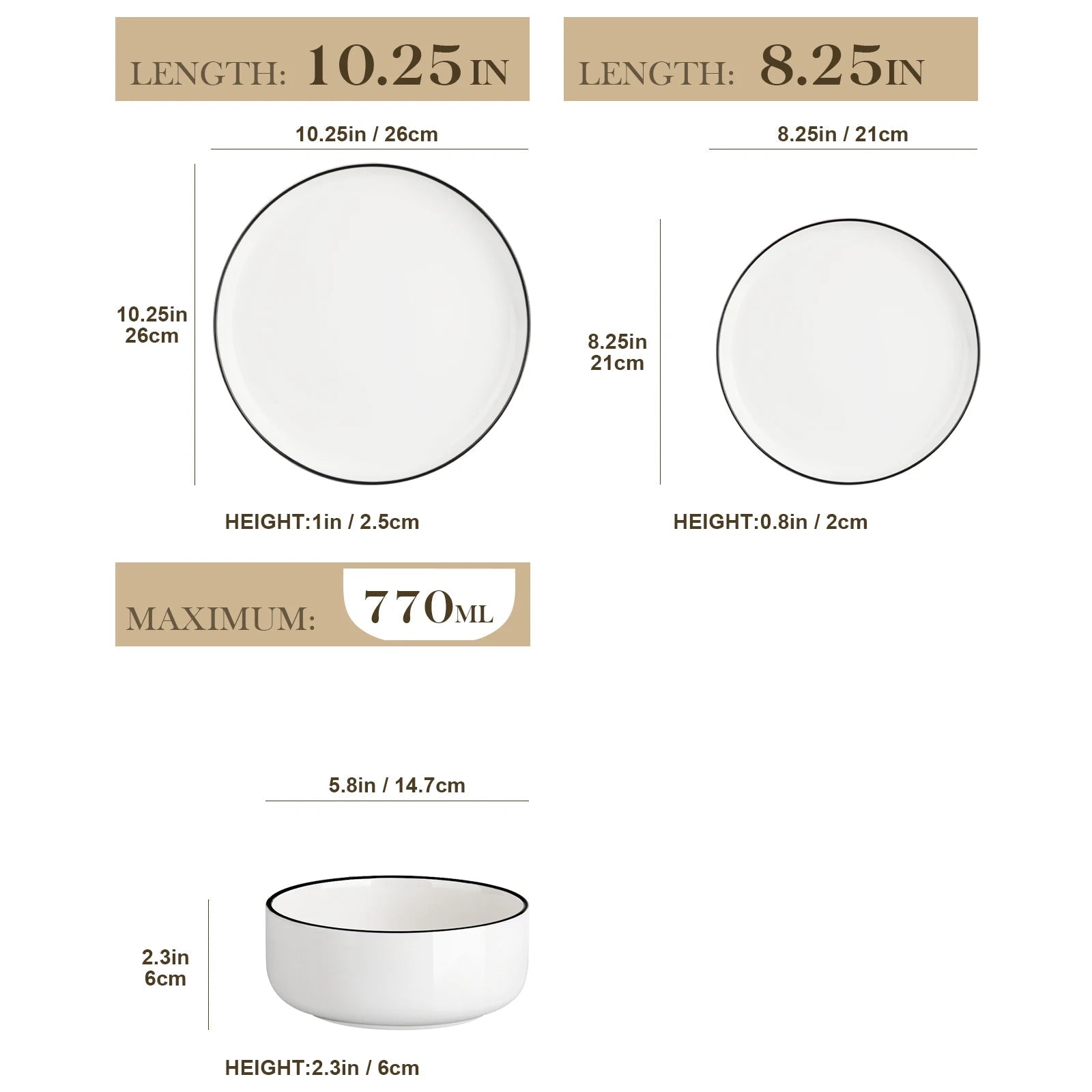 12-delige Serviesset - Wit met zwarte rand – Keramisch Porselein Servies voor 4 Personen – Dinerborden, Dessertborden & Kommen