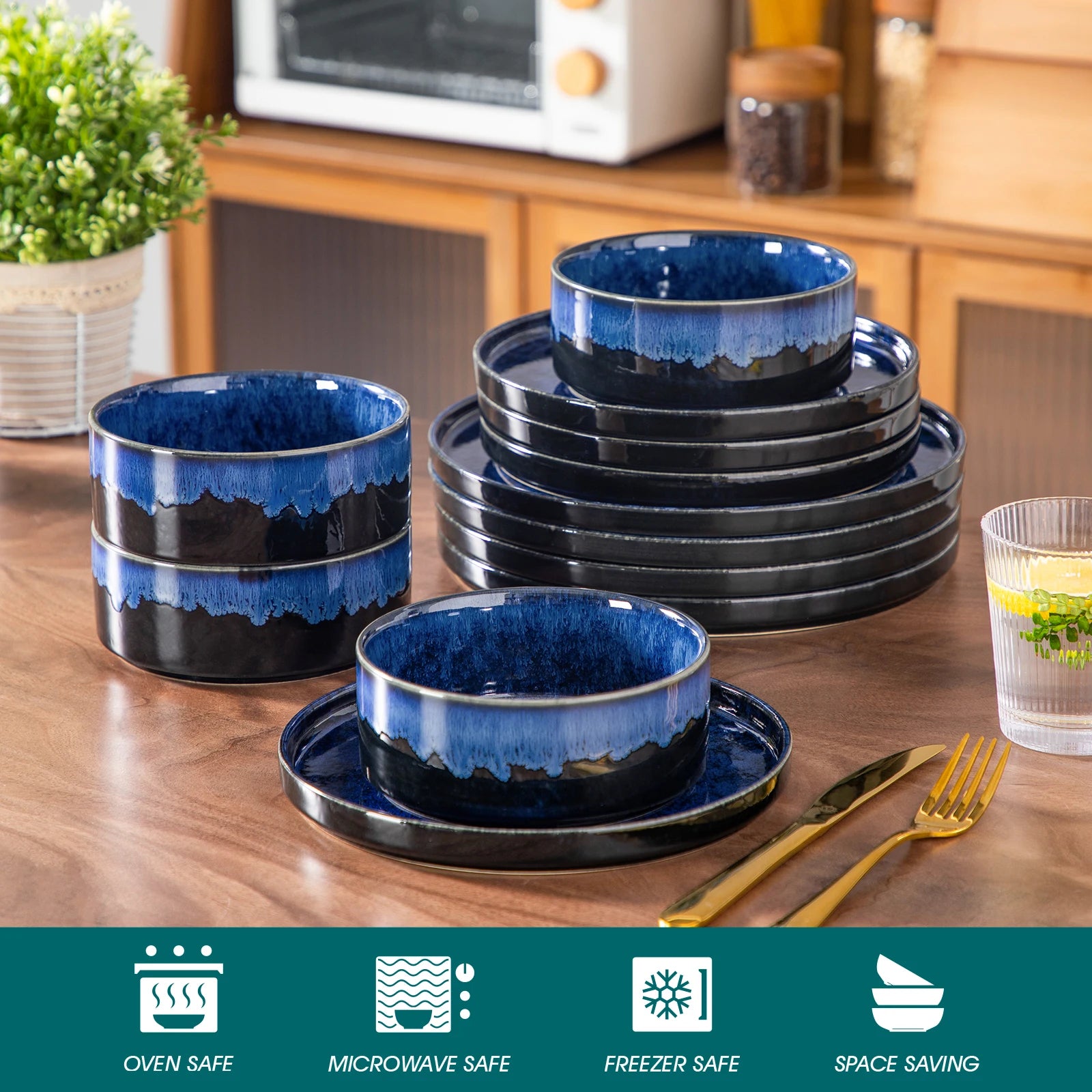 Keramische Diner Set 12/24/36 Delig – Zwart Blauw Servies met Reactief Glazuur – Moderne Borden en Kommen Set